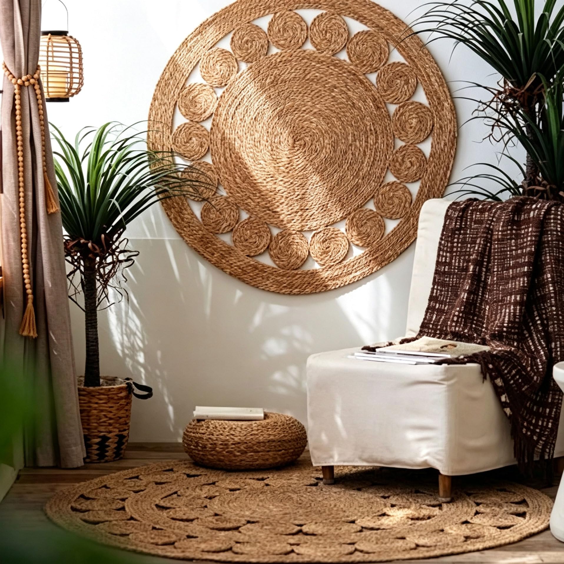Tapis Rond en Fibres Naturelles - Tissé Main et Tressé