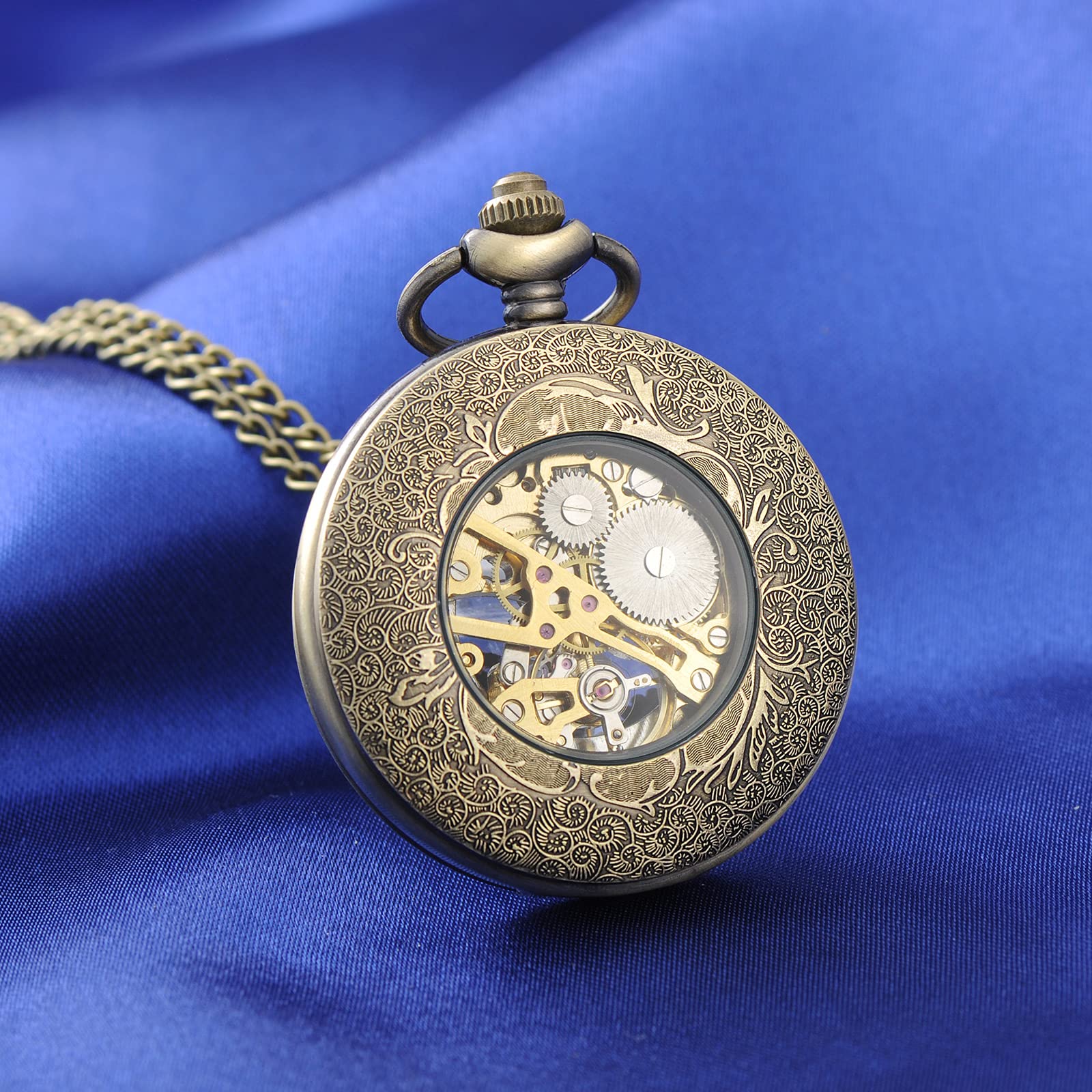 SUPBRO Reloj de Bolsillo, Reloj para Hombre de Bolsillo Mecánico, Engranaje Retro de Piñón de Alto Calado Manual Devanado