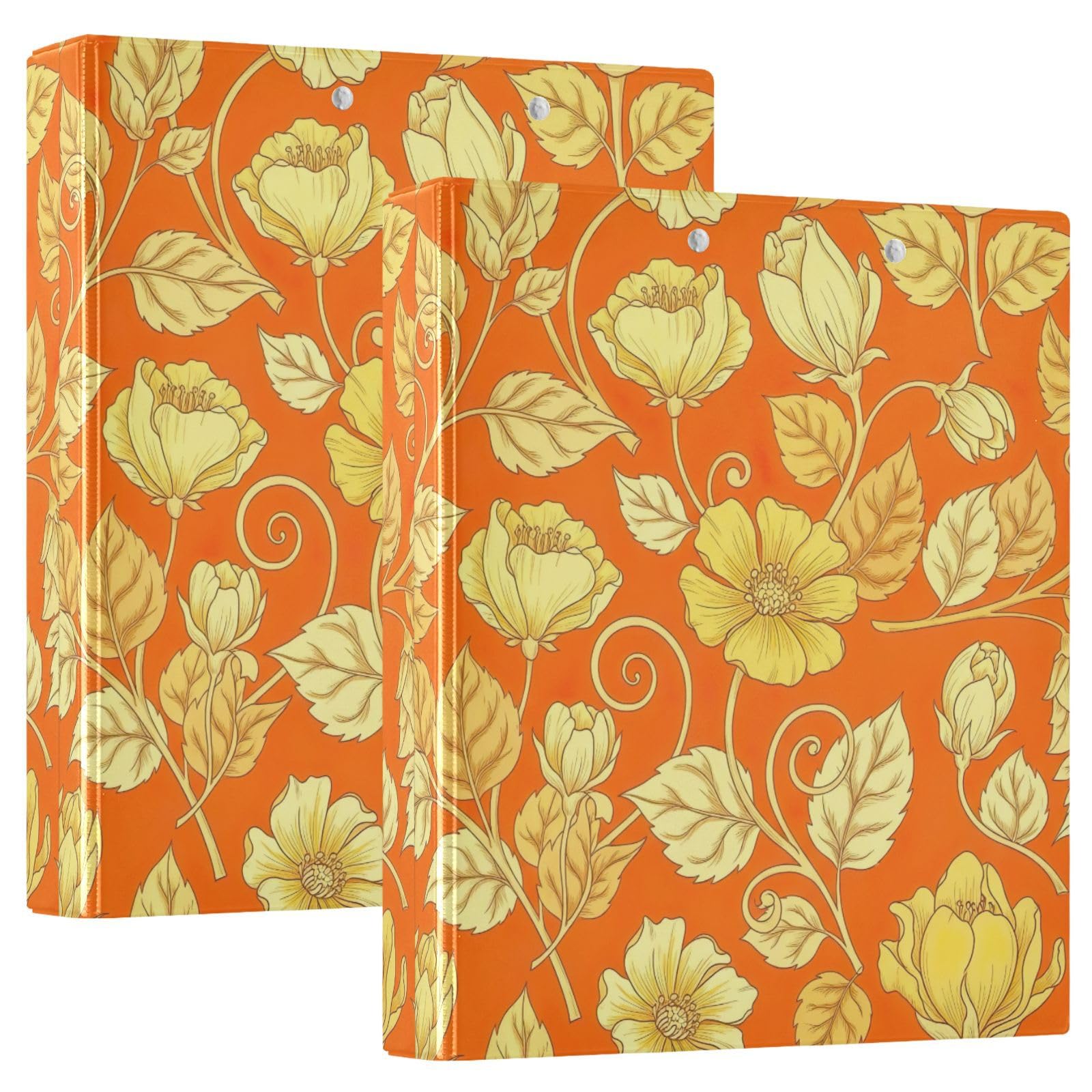 Raccoglitore a 3 anelli, motivo floreale, giallo e arancione, con tasche, confezione da 2