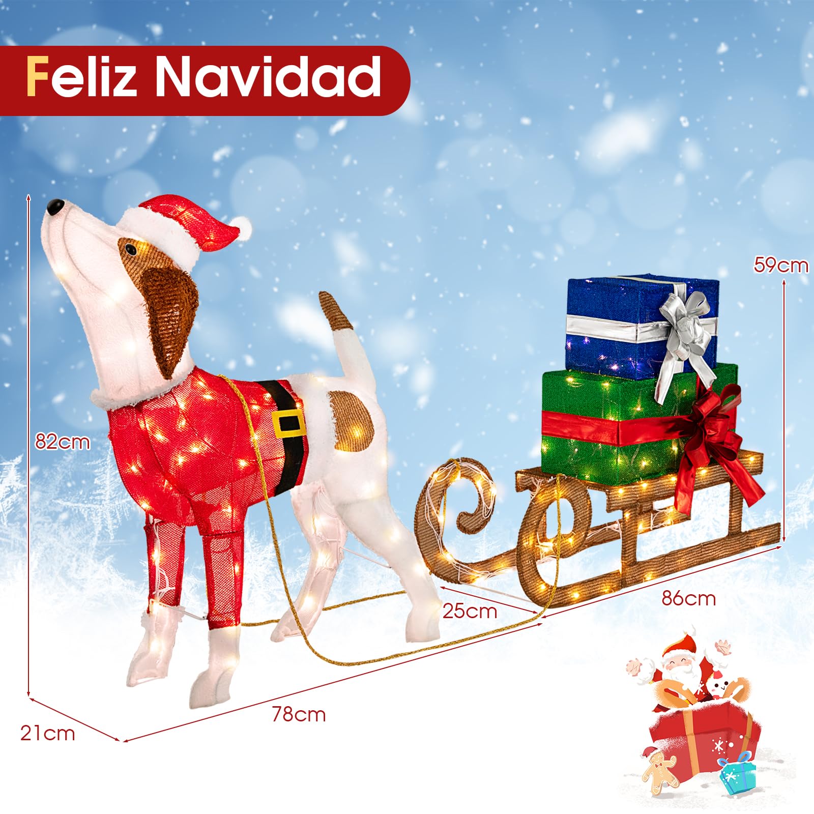 COSTWAY Decoración de Navidad de Jardín 170 Luces LED, Trineo y Combo de Perro, con Cajas, Adorno Festivos Navideño Iluminados para Interior y Exterior, Jardín, Patio