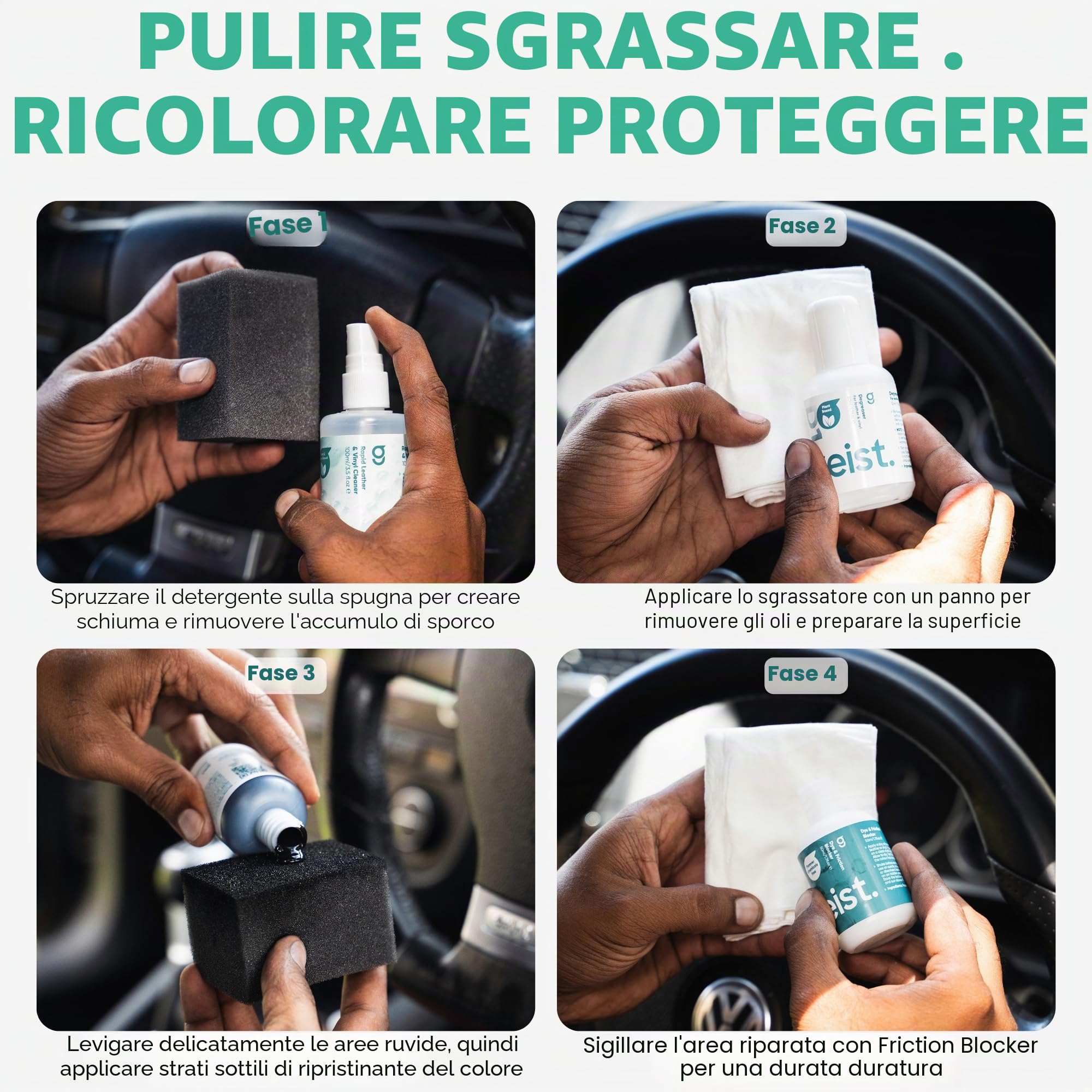 Geist. Kit di ripristino del volante | Sgrassa e rinfresca il colore dei volanti neri usurati o graffiati
