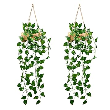 DecoreBugs Artificial Money Plant Leaves Wall Hangings for Home Decoration with Wooden Pot Pack of 2 (Hanging Fall 60 CM), Decorative Items for Home Living Room and Office