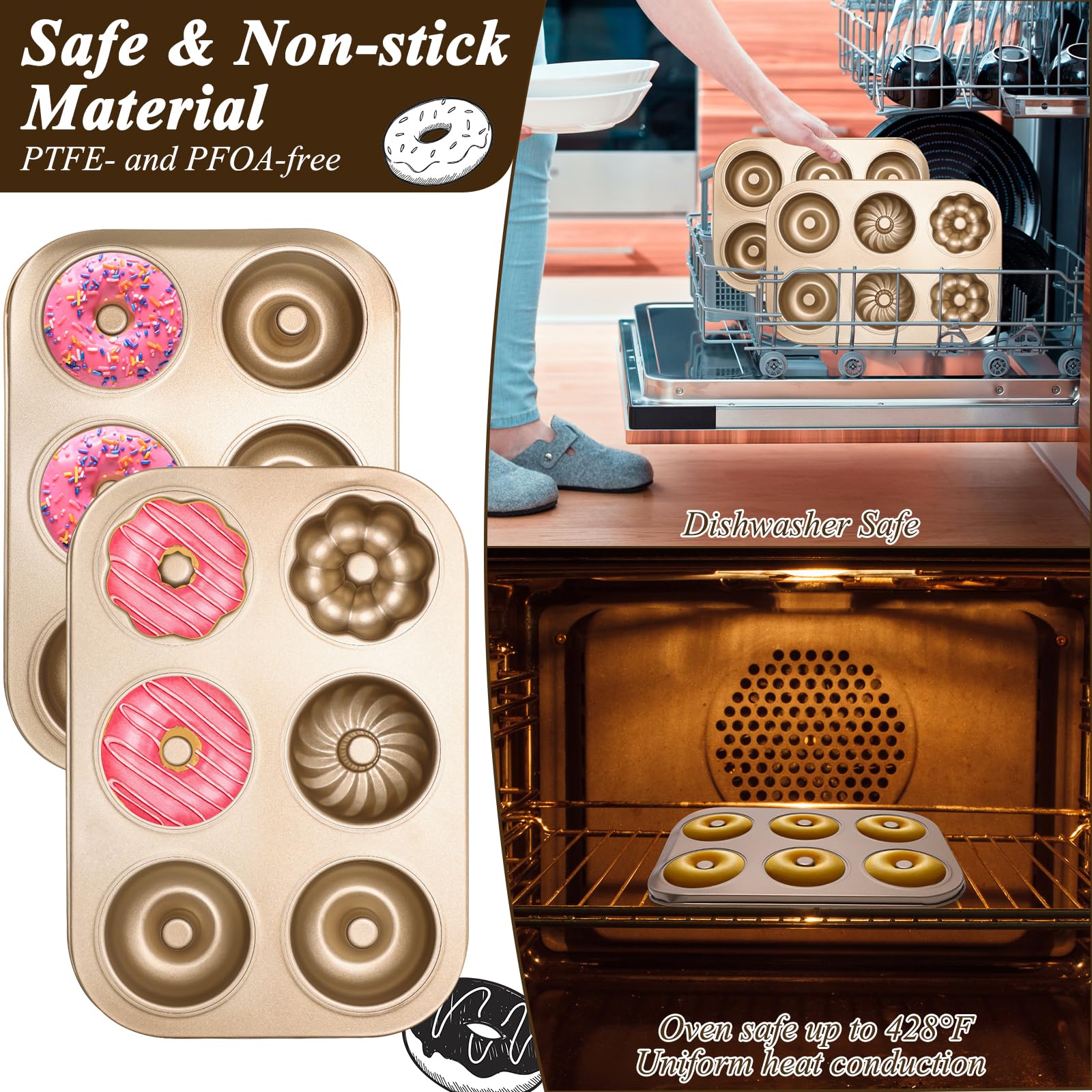 2 moldes para donas de acero al carbono con 6 cavidades para hornear donas, antiadherente, fácil de limpiar y apto para lavavajillas, molde de donas para pasteles, postres y bagel (dorado