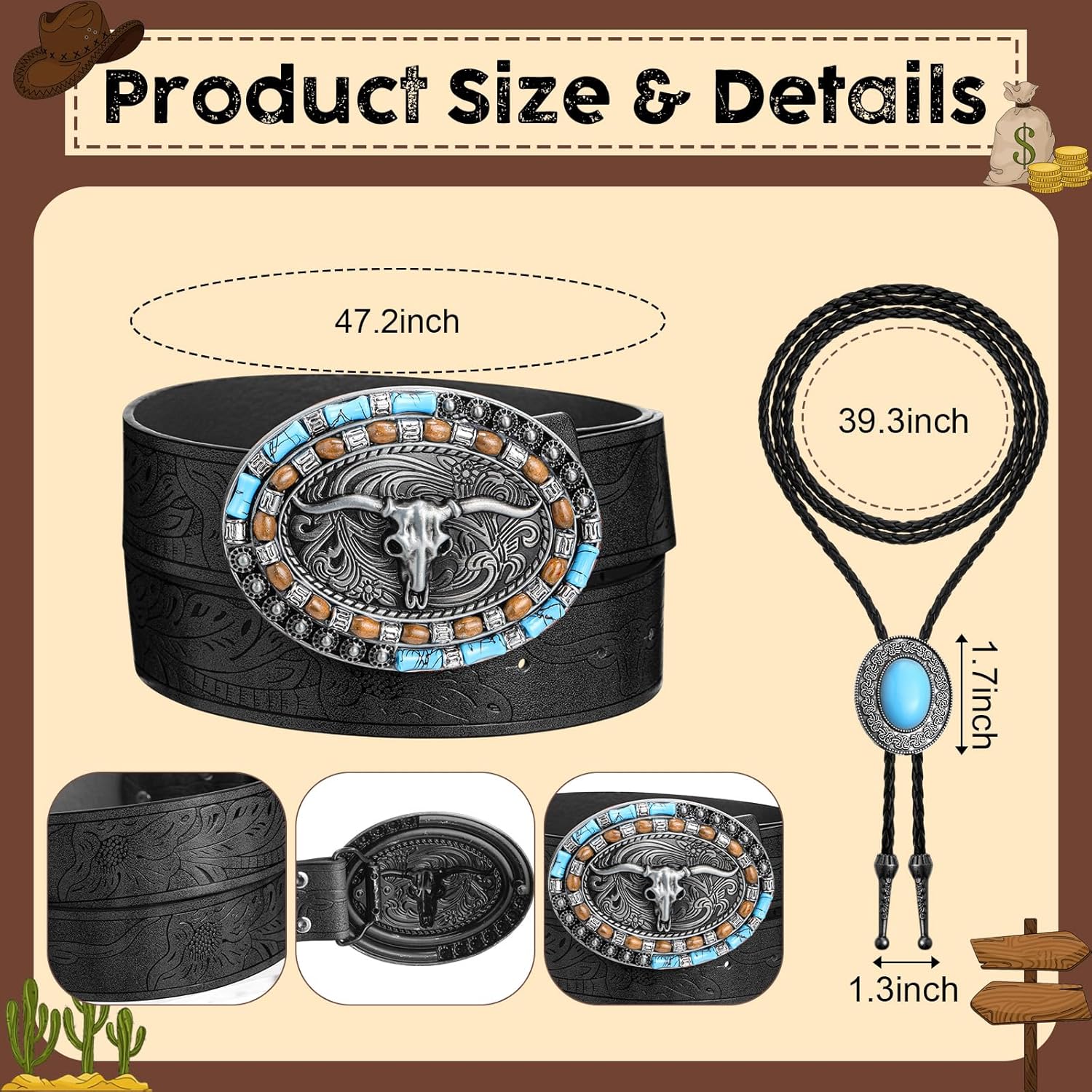 Shyyween 3 Pcs Western Accessories Set for Women Men Wide Brim Cowboy Hat, Cowgirl Leather Necktie Necklace, Western Belts