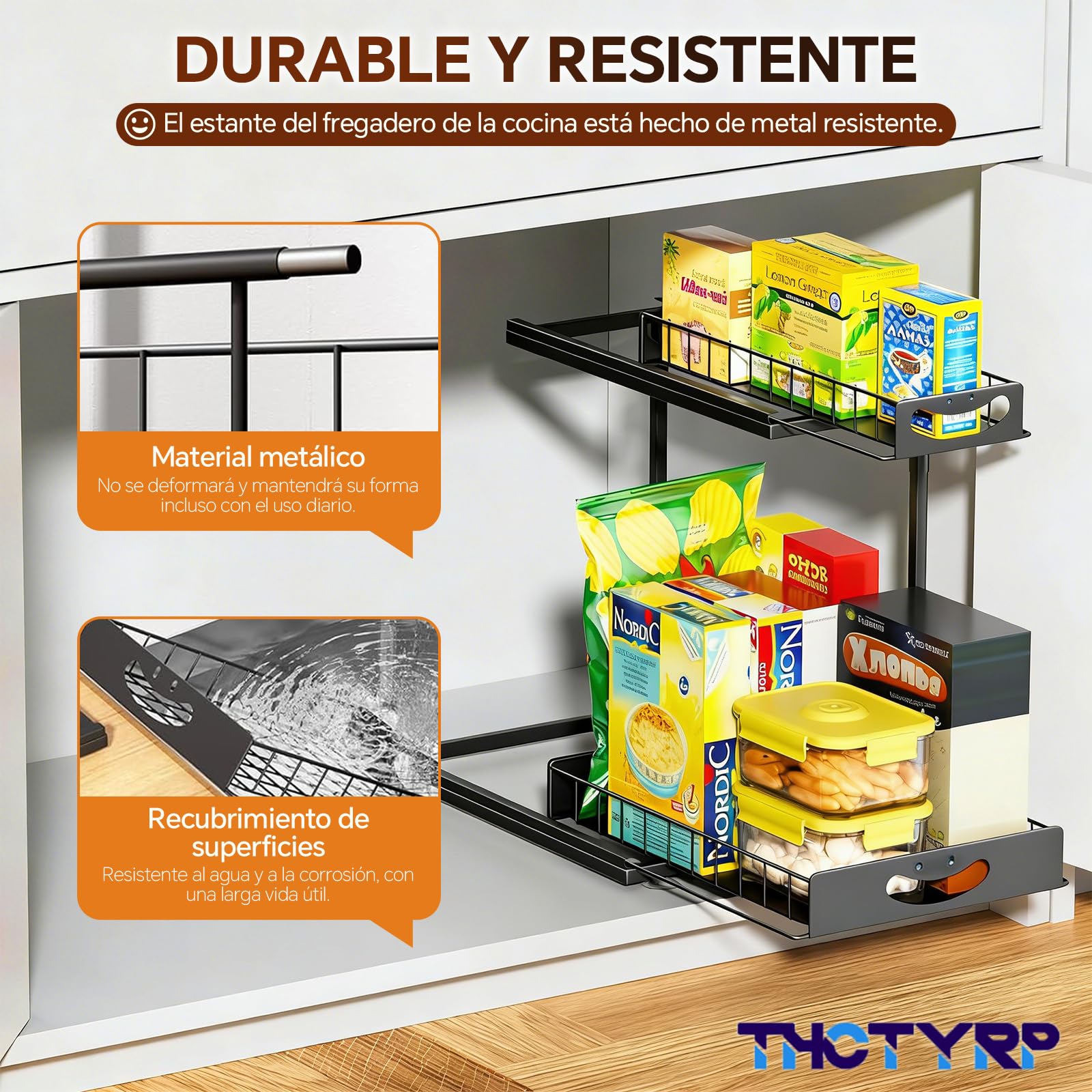 Estante metálico extensible, 2 niveles, debajo del lavabo y fregadero, organizador para armarios de cocina y baño (Negro)