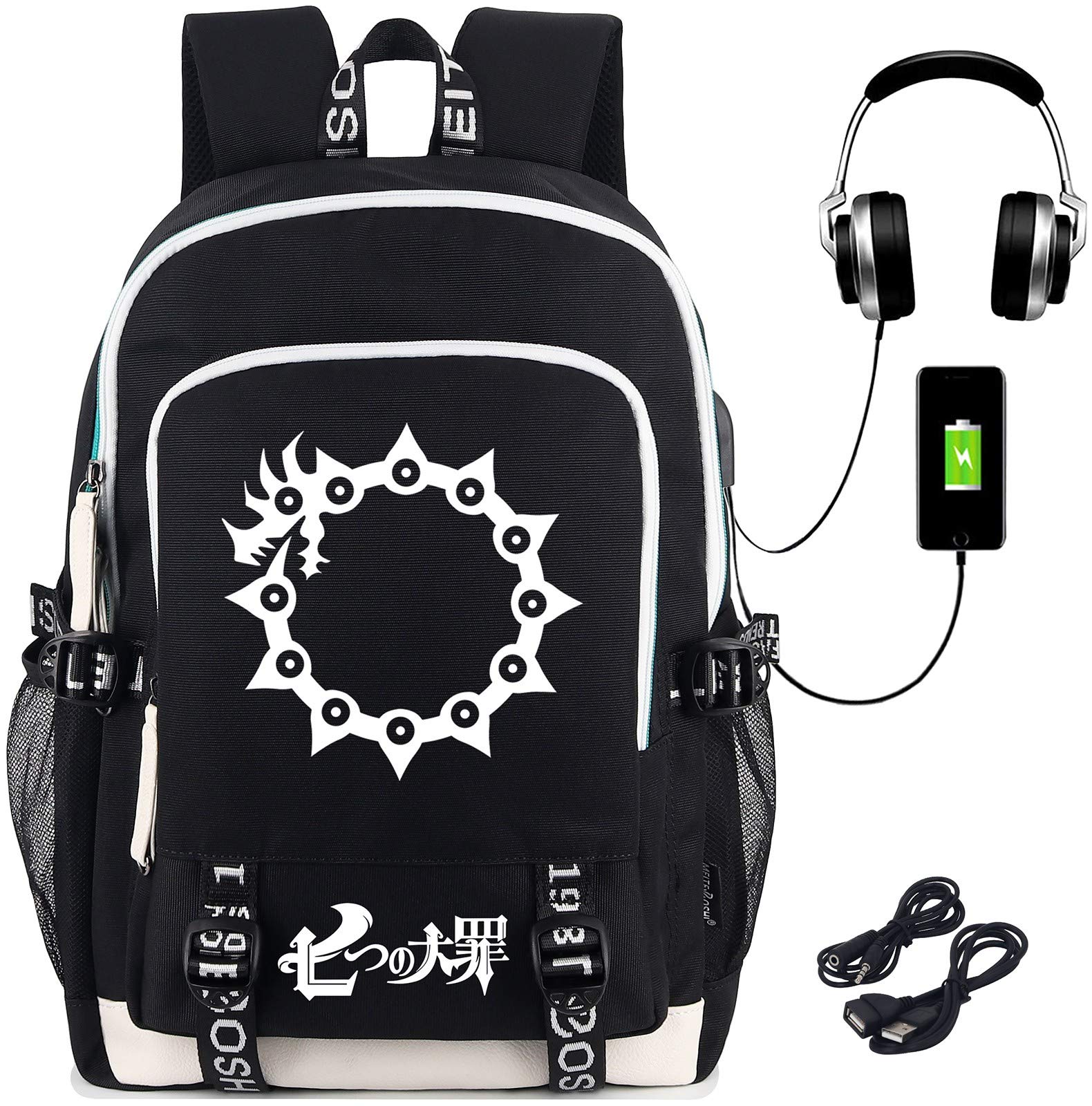 Roffatide Anime The Seven Deadly Sins Mochila Luminosa Estampada Mochila para Portátil con Puerto de Carga USB y Puerto Auriculares Negro