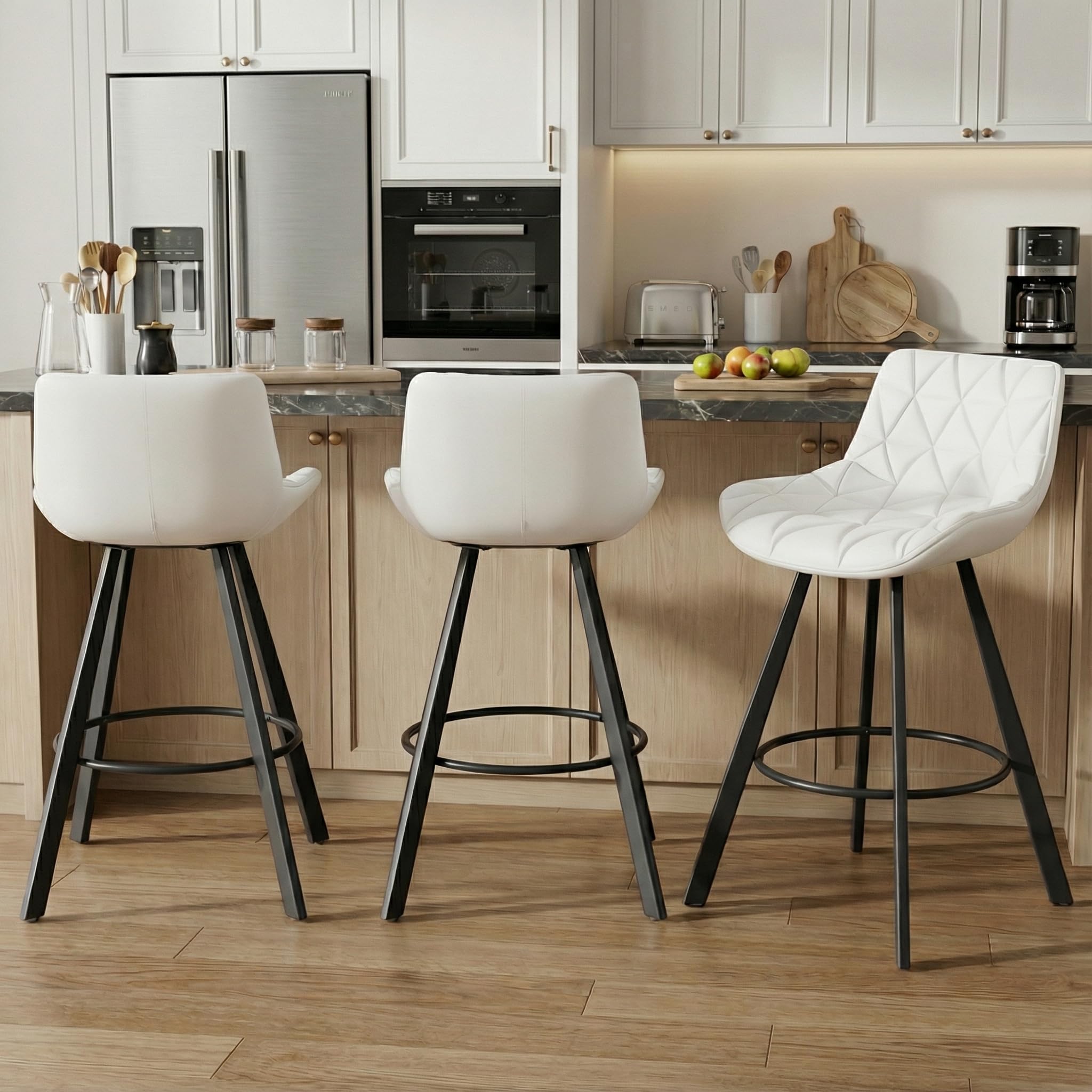 GYI Counter Height Bar Stools Set of 3, 26 Inch Modern Kitchen Island Chairs with Backs, Diamond Quilted Stationary Faux Leather Industrial Barstools