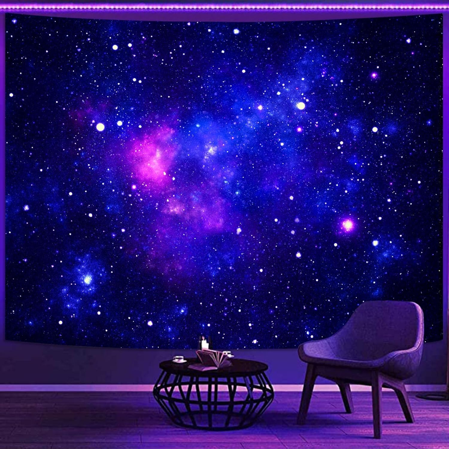 Faxdong Blacklight Galaxy Universe Space Tapestry, UV Reactive Starry Night Sky Mysterious Nebula Stars Ceiling tapestries for Bedroom Backdrop Wall Decor 68×90 inch
