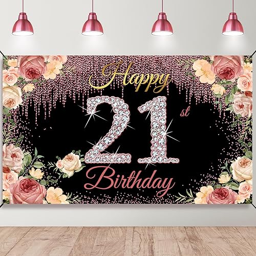 Miniatura 1 de Decoraciones de cumpleaños 21 para ella, telón de fondo de pancarta de feliz cumpleaños 21, diseño floral dorado para fiesta de cumpleaños de 21
