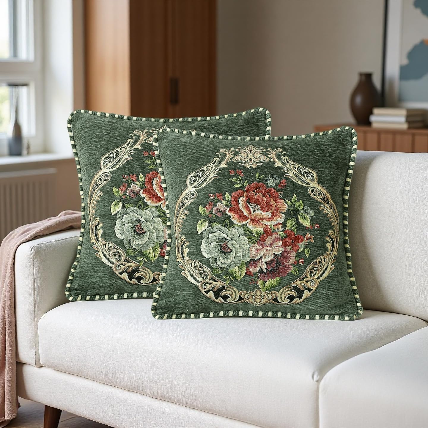 2Pcs 18x18 in Spring Green Vintage Embroidered Throw Pillow Covers for Sofa Couch,Green Cushion Headboard Pillow Euro Sham Covers for Living Room,Bedroom