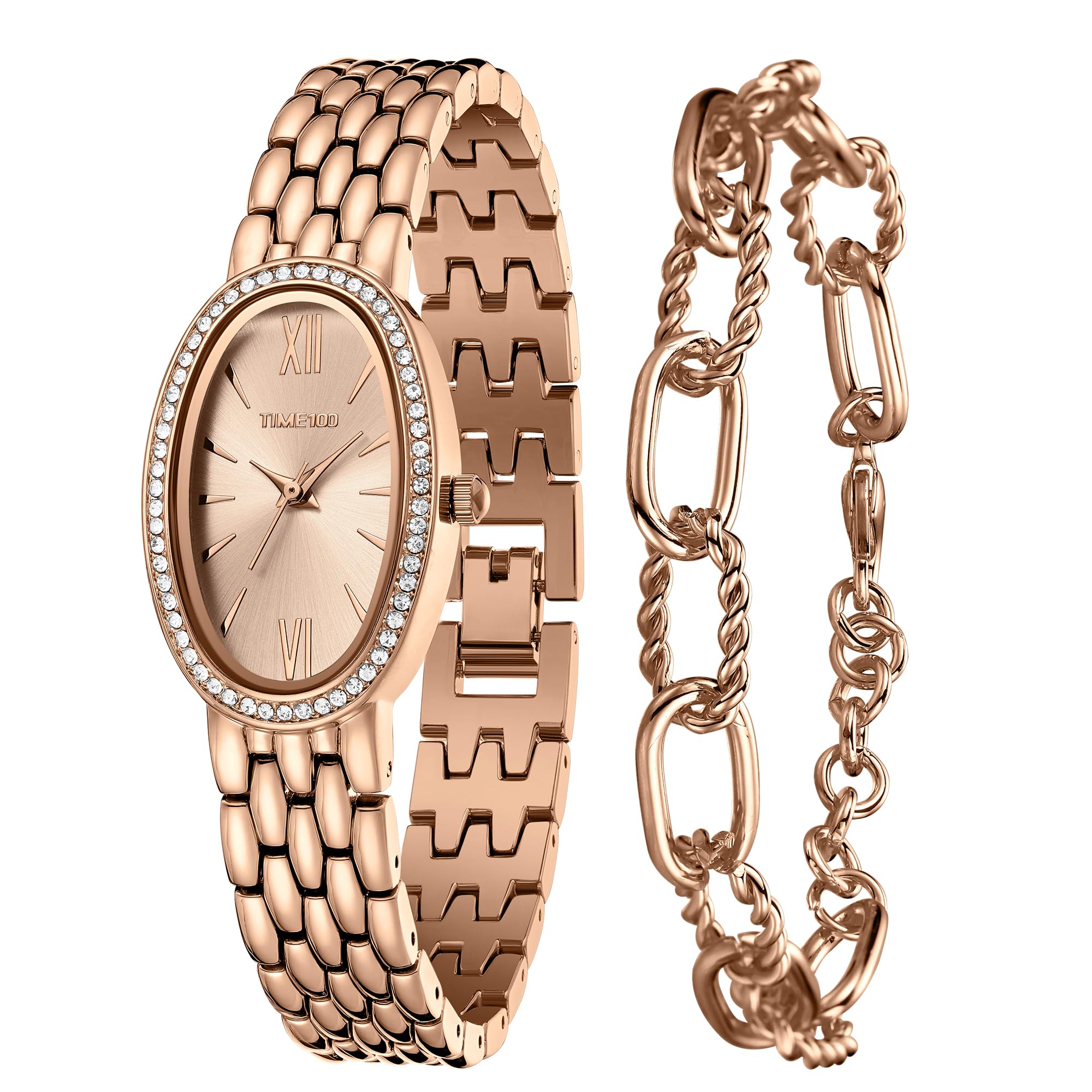 TIME100 Quartz Damenuhr Set Gold/Silber Elegant Kette und Reif Dress Watch Verstärkt Kristallglas Minimalistisch Ziffer Ideal Accessoir