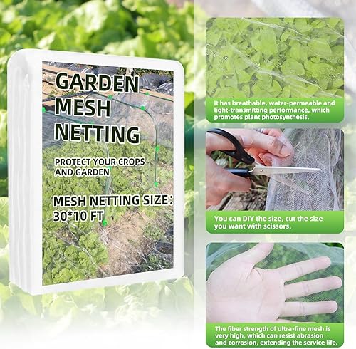 Miniatura 5 de Kit de red de jardín, 10 x 30 pies, red de malla ultra fina para proteger pájaros con aros de jardín para proteger jardín, verduras, flores,