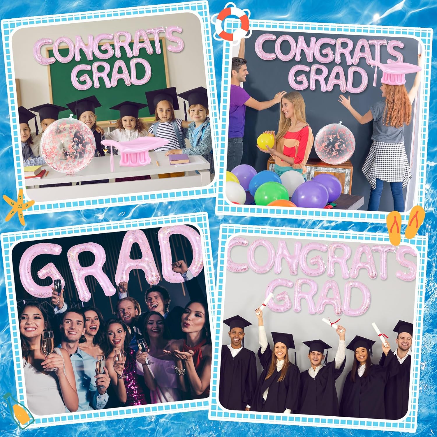 Sumind 15 Pcs Congrats Grad 2026 Pool Float 20" Inflatable Letter Pool Float Glitter Grad Party Decor Graduation Decoration Set with Graduation Beach Ball Hat for Beach (Pink)