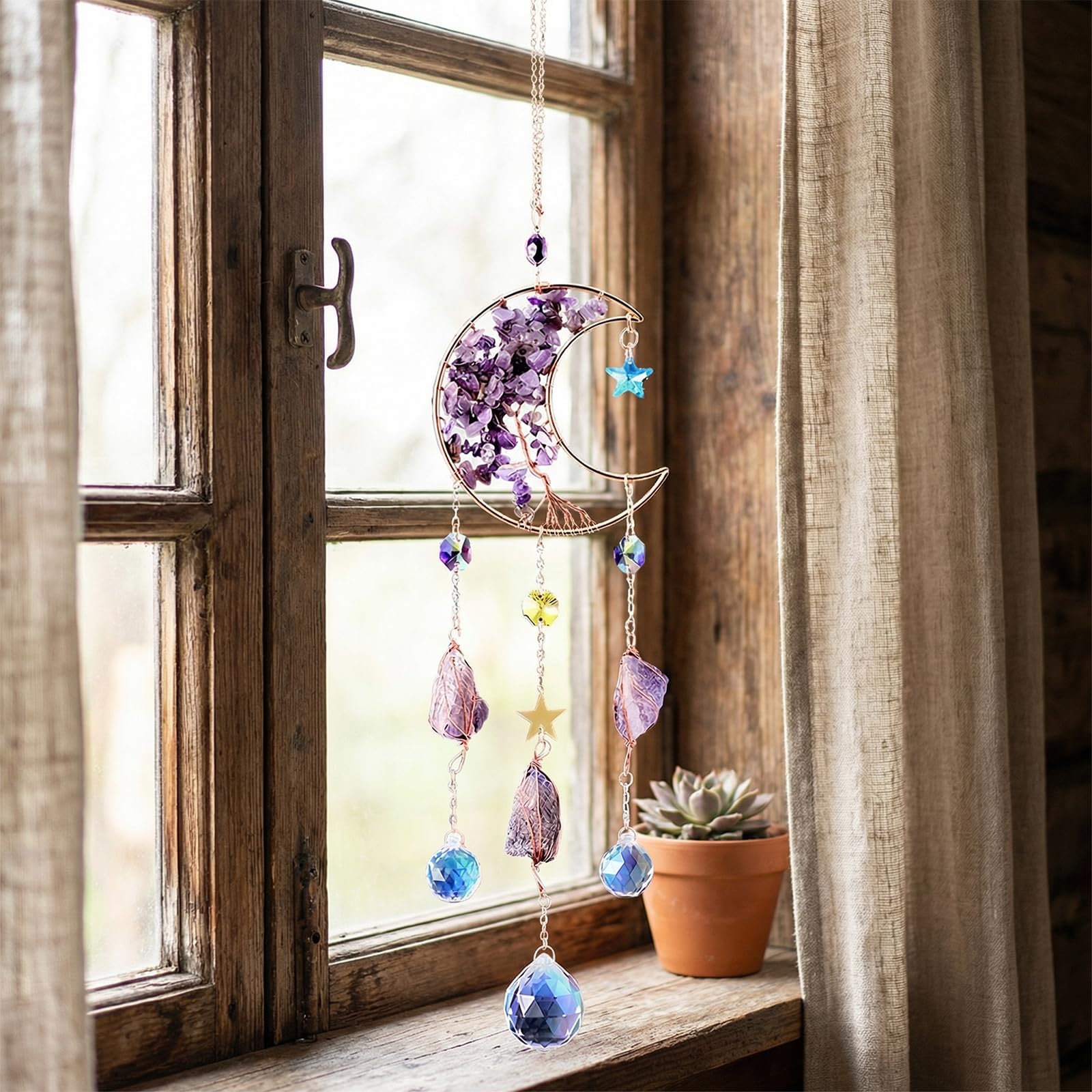 Atrapasoles Cristal Colgante 40cm, Luna y Estrella, Bola de Cristal, Cristales para Colgar, Campana de Viento para Casa Jardín Oficina Ventanas Campanas Coche Fiesta Boda Decoración, Regalos Mujeres