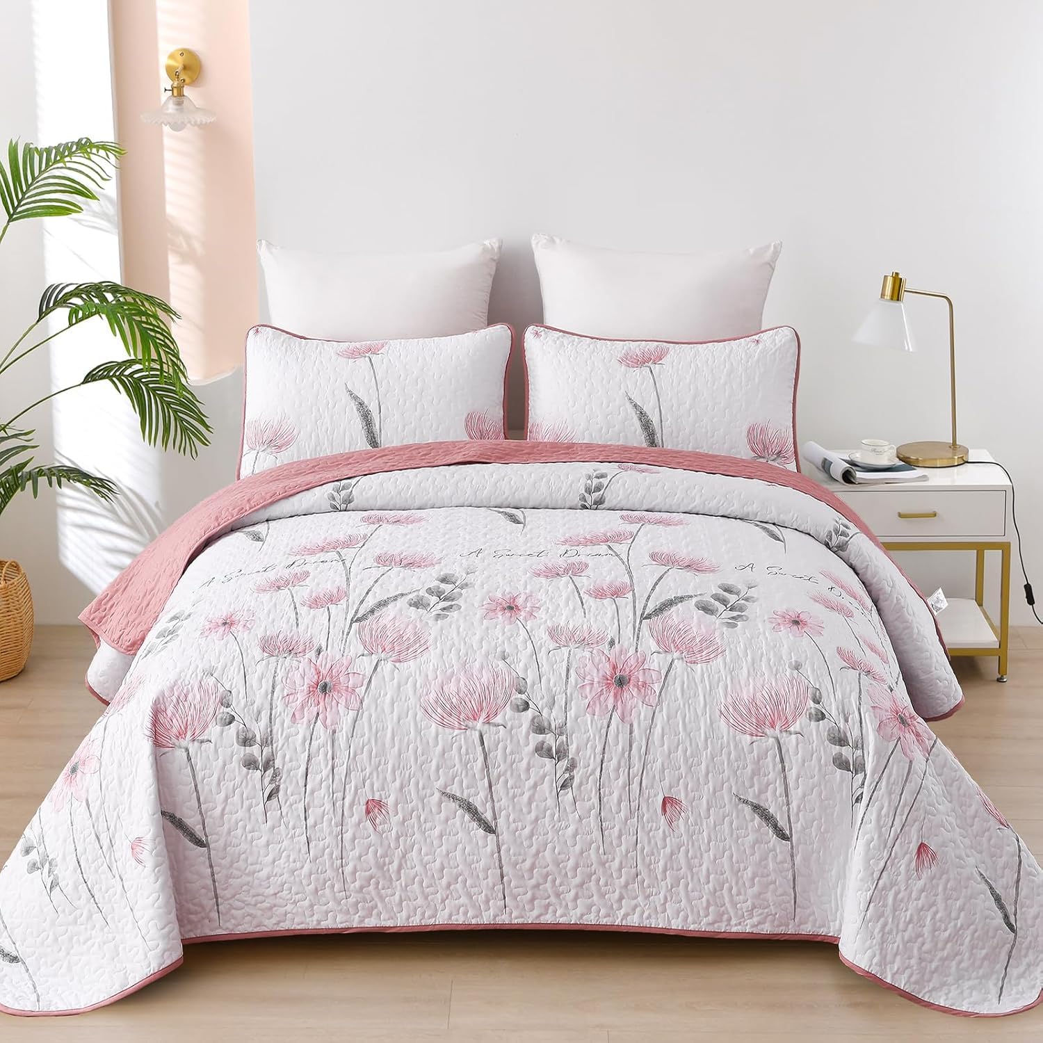 Dinjoy Quilt Set Twin Size, Pink Floral Bedspreads with Pillowcase