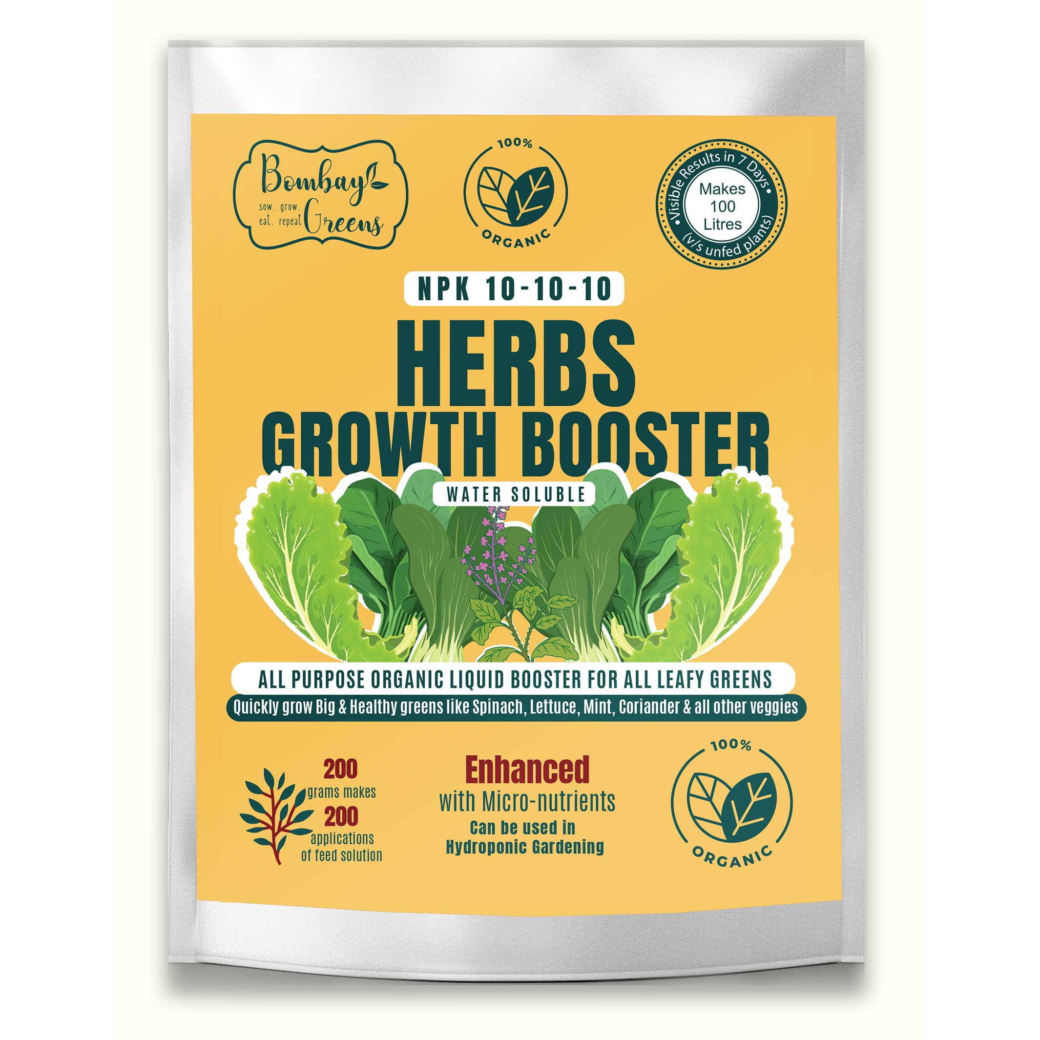 Organic Plant Food for Leafy Vegetables by Bombay Greens. Water Soluble, Fast release. Makes 200 applications - 200 grams