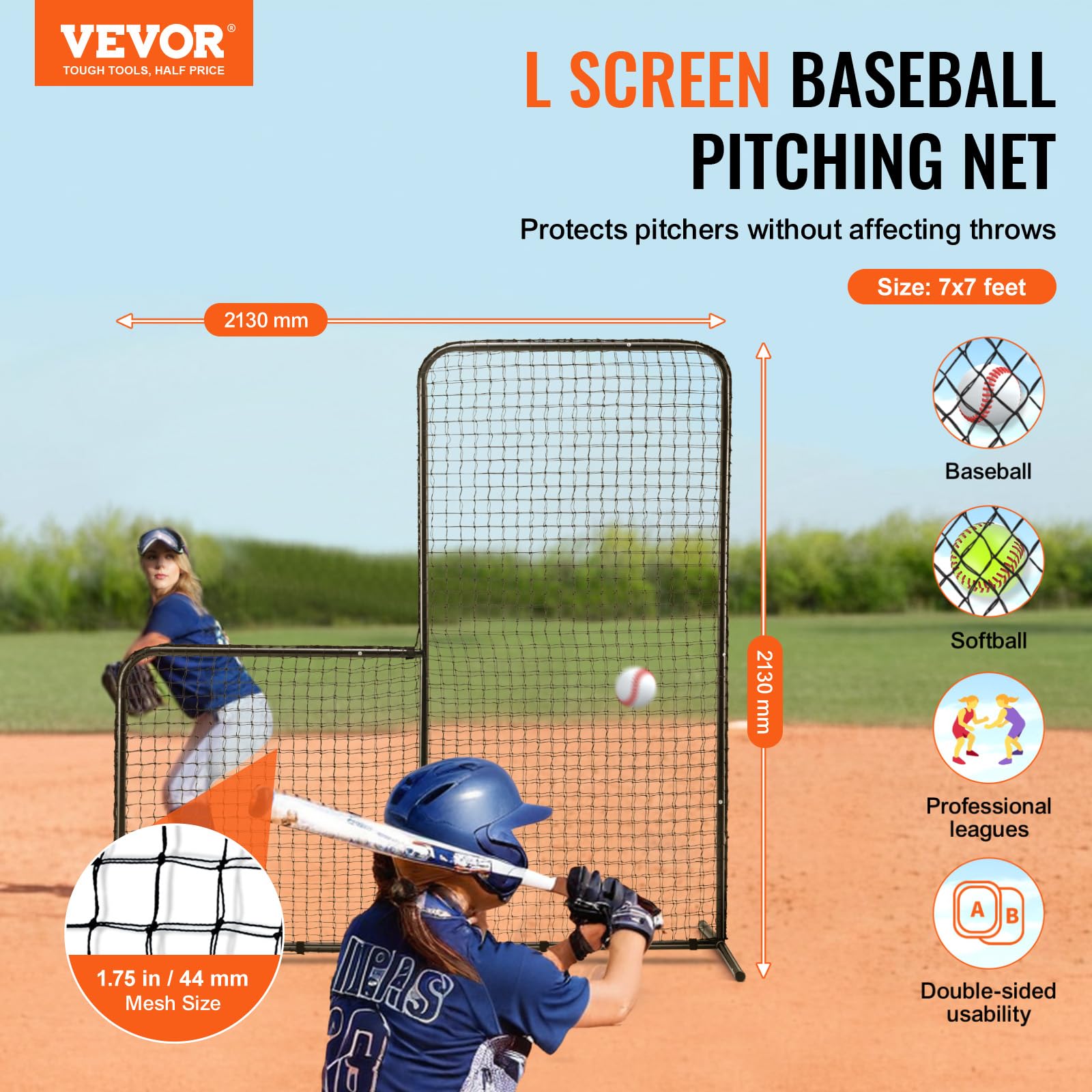 VEVOR Baseball L-Type Batting Cage Net 84" x 38" x 84" Safety Umbrella, Portable Baseball Softball Net with Carry Bag & Ground Stakes