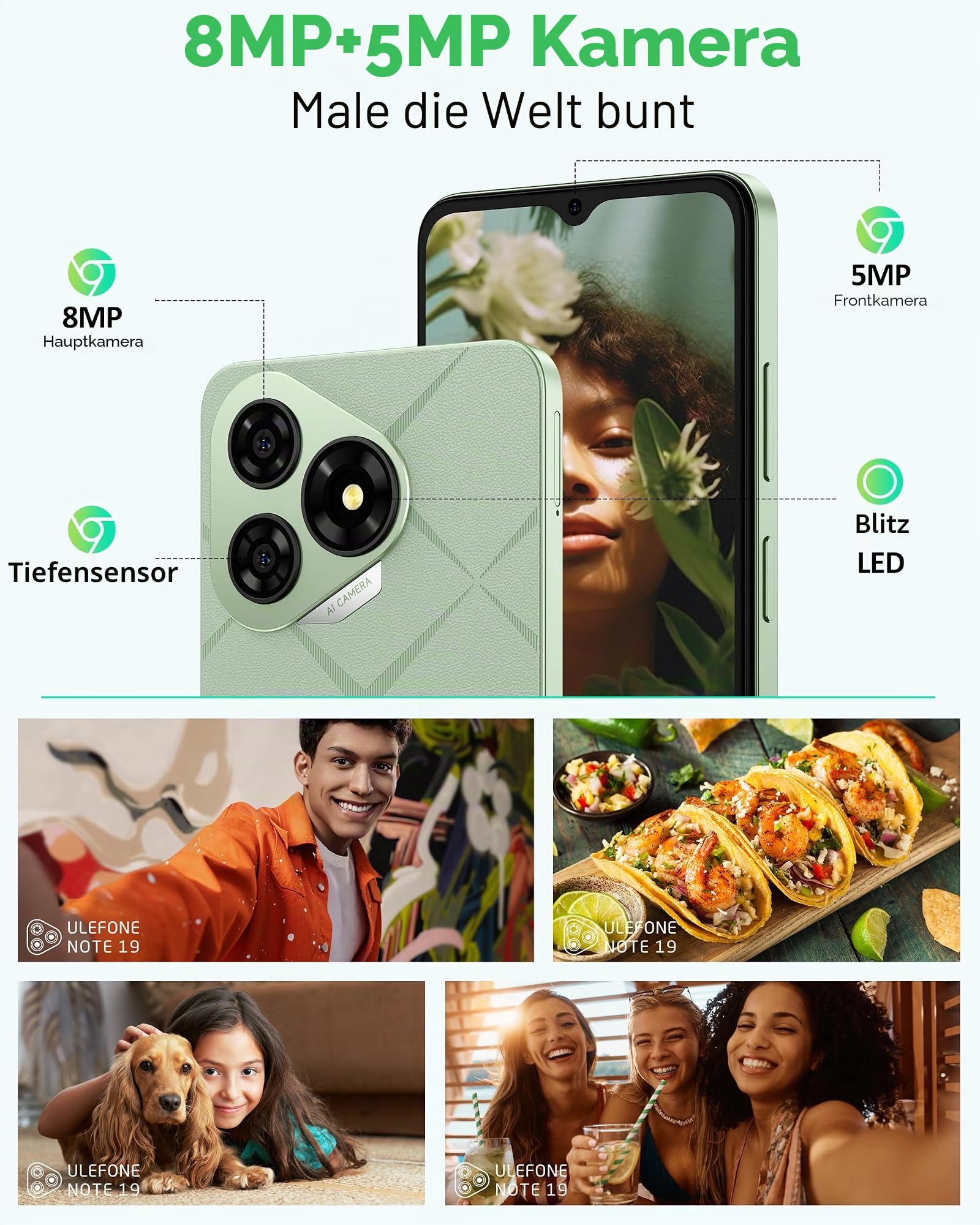 Ulefone Note 19 Handy Android 14, 6GB RAM+64GB ROM/SD-512GB, 6.56" HD+ Octa Core, 5000mAh Akku, 8MP+5MP Kamera Smartphone Ohne Vertrag DREI Kartenfächer Dual SIM 4G/Face ID/GPS/OTG/FM Schwarz