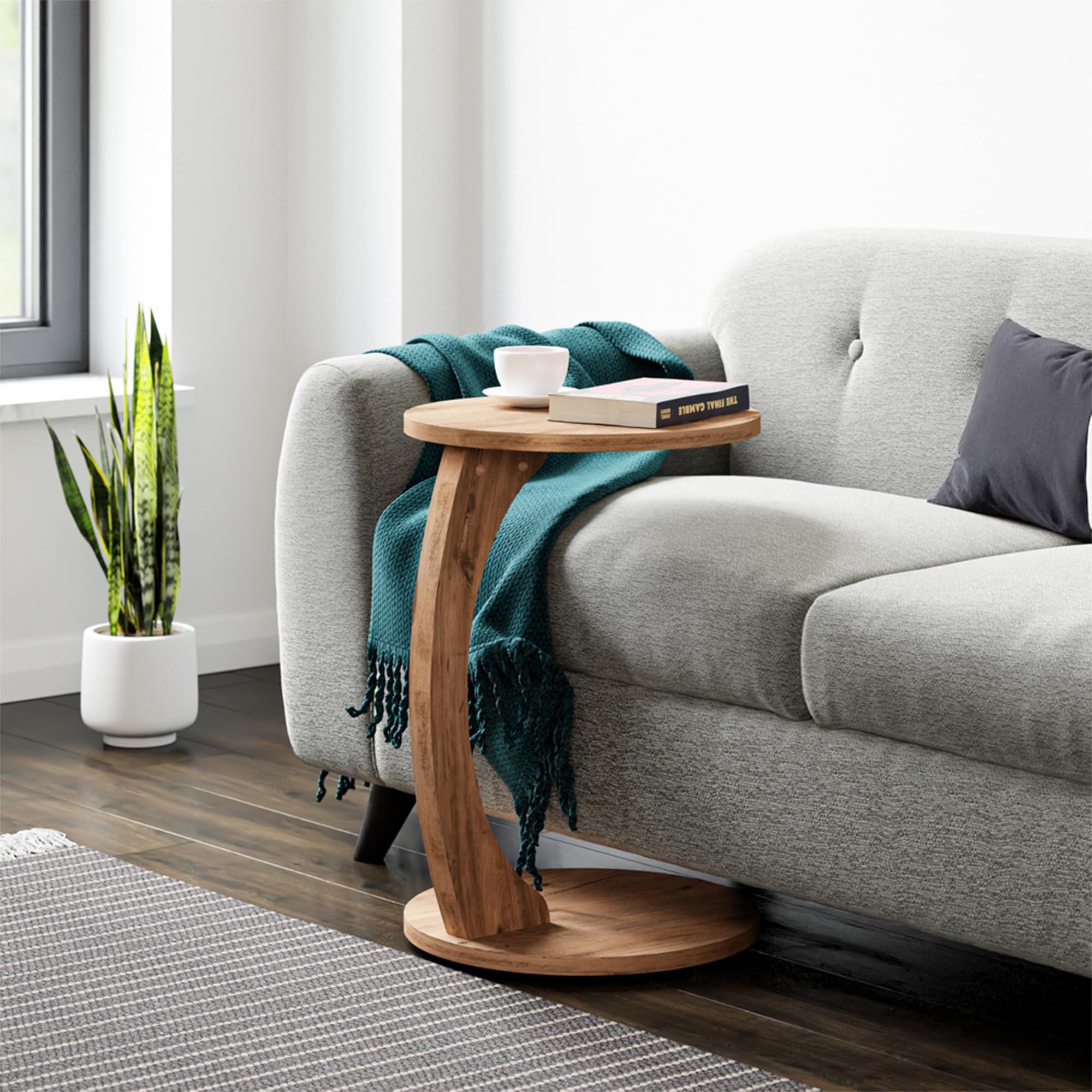 [en.casa] Table d'Appoint Ronde pour Salon Table de Chevet Design pour Chambre Bout de Canapé aux 4 roulettes Panneau de Particules 56 x 38 cm Effet Bois
