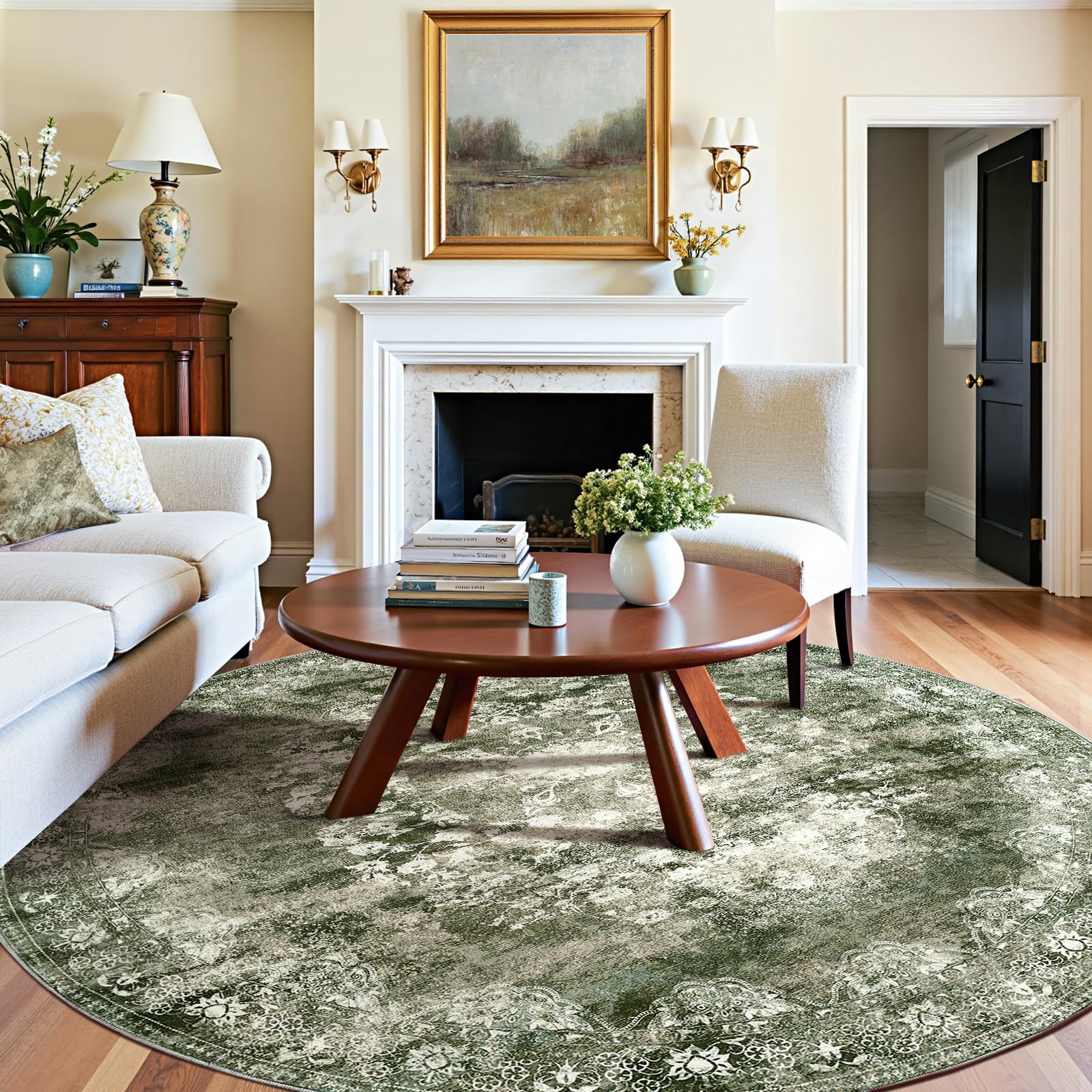 jinchan Round Rug 8ft Area Rug - Green Vintage Floor Mat Kitchen Indoor - Washable Circle 8' Thin Floral Print Carpet Retro Farmhouse Non Slip Dining