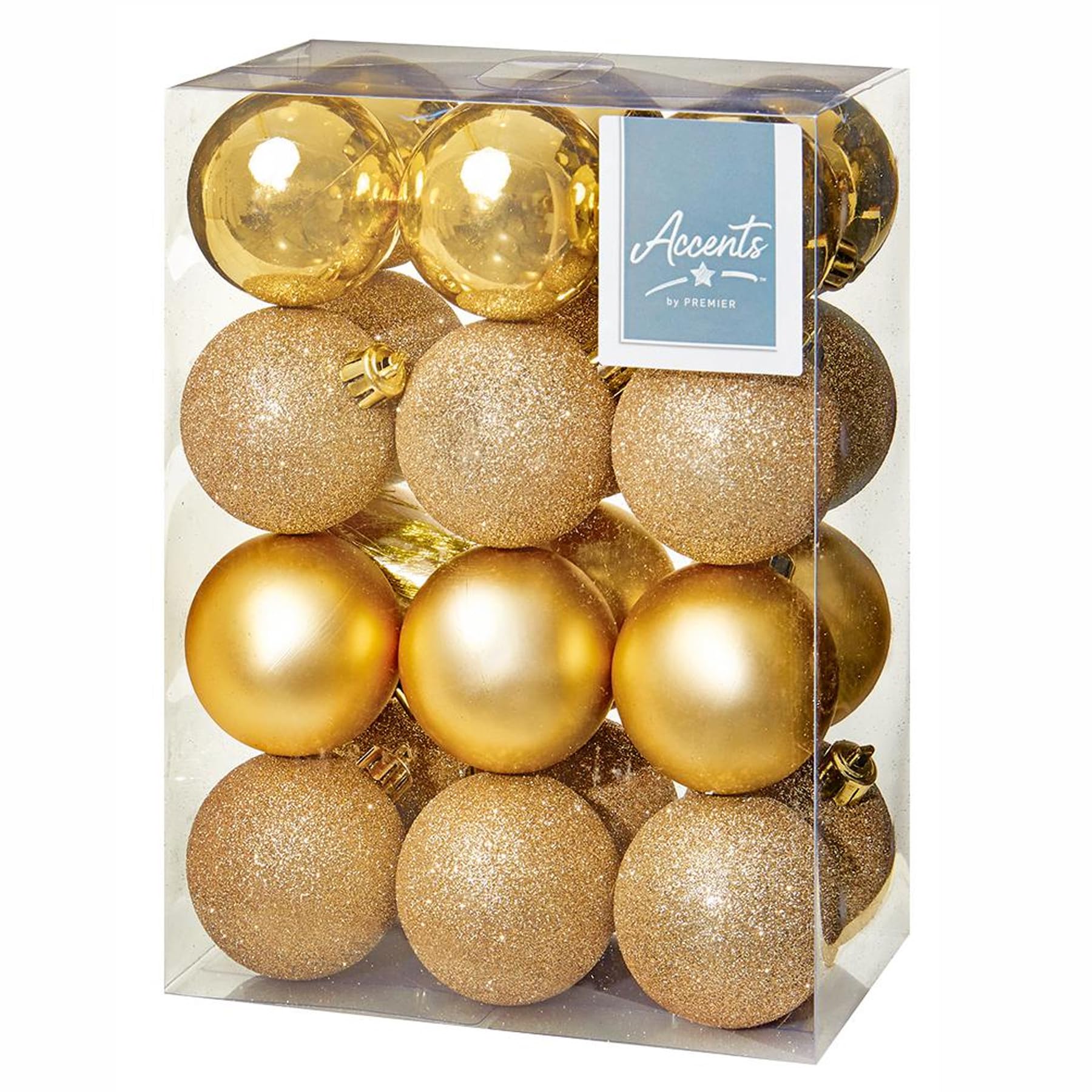 Shatterproof Christmas Baubles 24 Pack 60mm Premier Christmas Tree Decoration, matt, shinny and glitter baubles (Gold 5382)