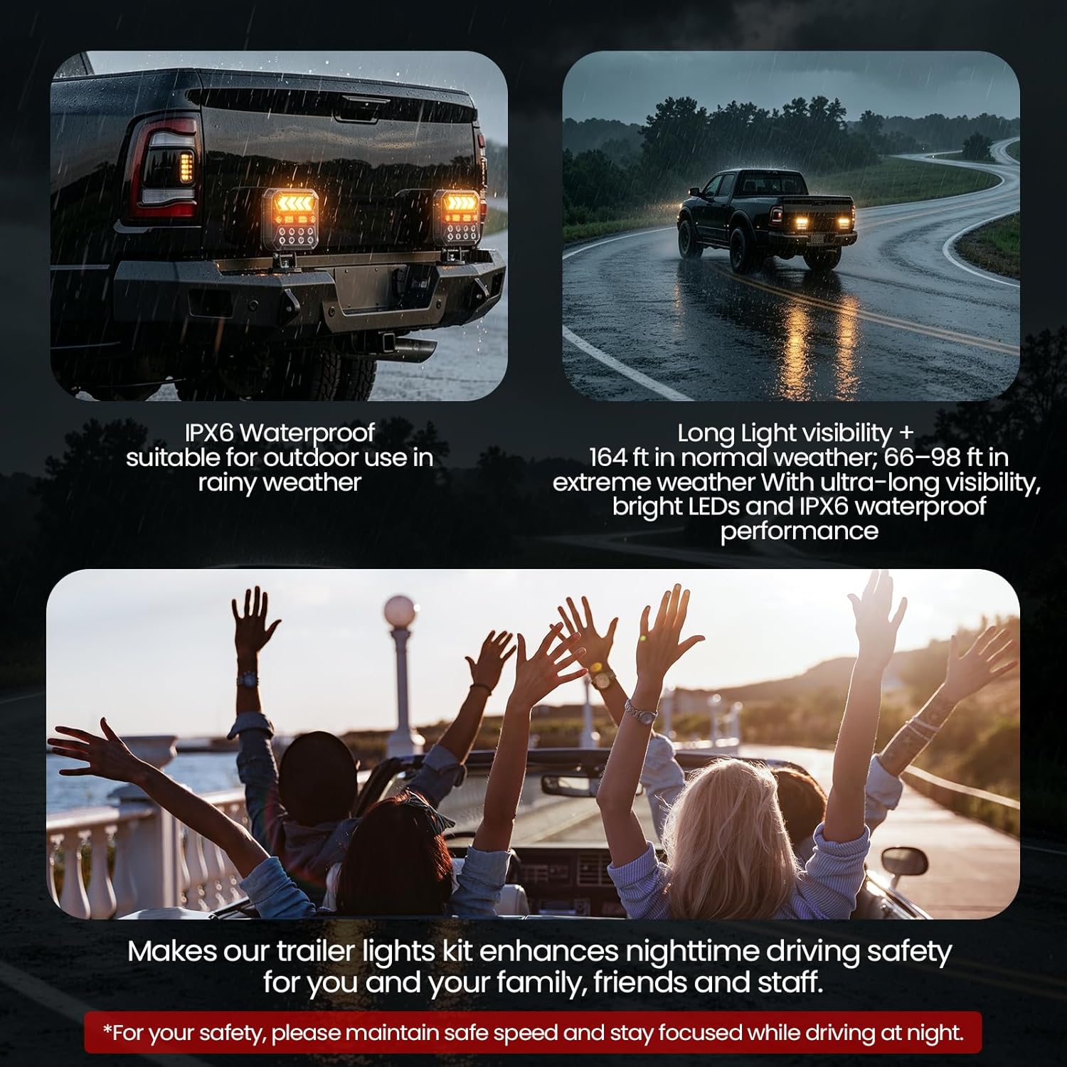 YUNCHI Wireless Magnetic Trailer Lights Kit, Solar Rechargeable LED Tow Lights, 3000mAh Waterproof Wireless Tail Light with Turn Signal Brake Reverse Lights for RV Boat Truck Agricultural Machinery