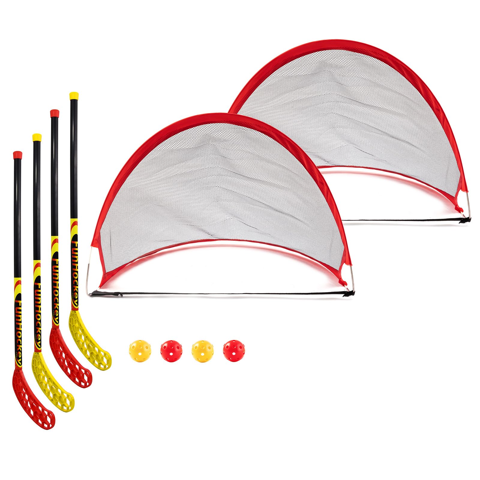 Bandito FunHockey Komplettset, für Kinder, 4 Hockey Schläger, 4 Bälle und 2 Faltbare Pop Up Tore, Floorball Stick, Streethockey, Indoor und Outdoor, Teamsport, Schulen, Garten, wetterfest