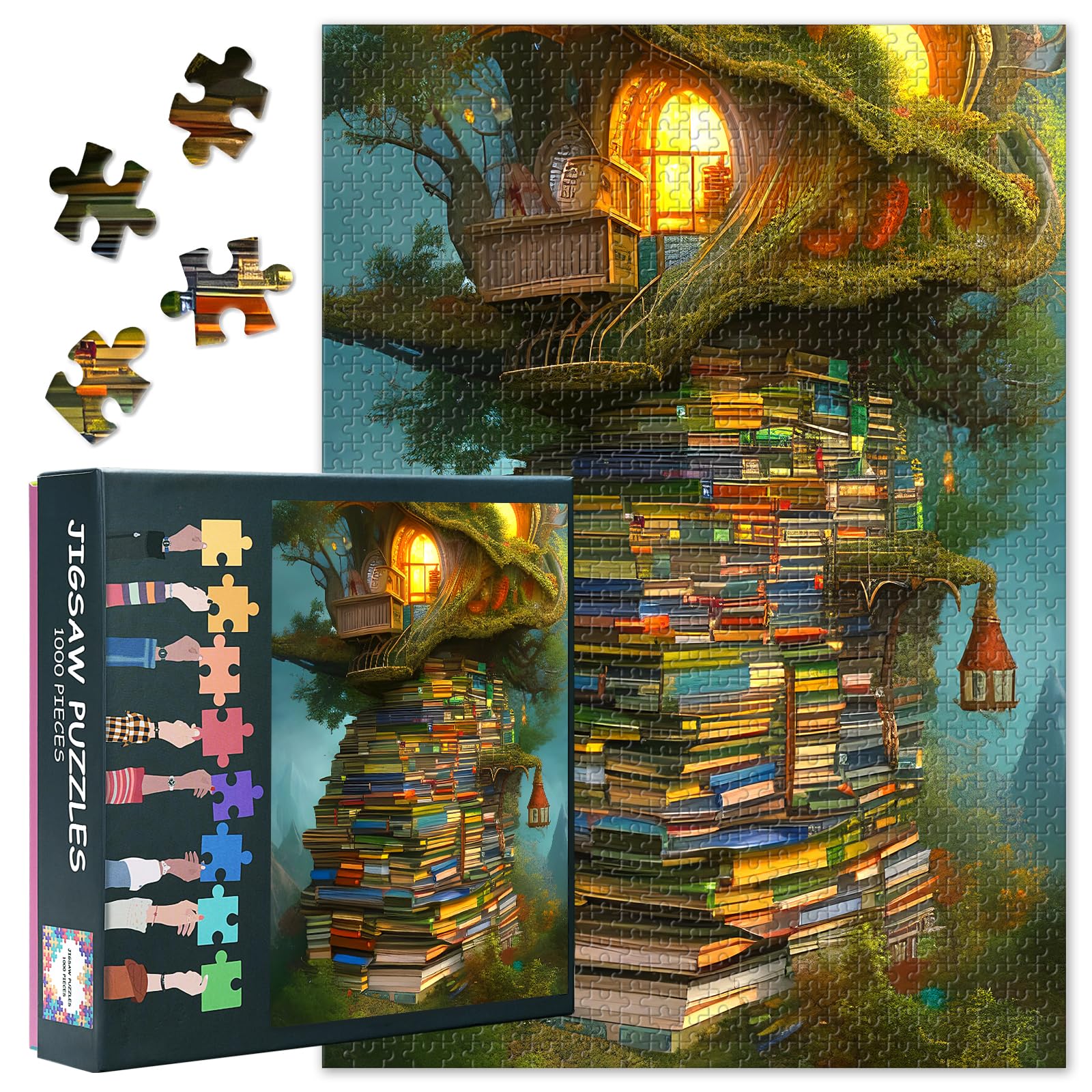 1000 Piece Jigsaw Puzzle for Adults - Treehouse Full of Stacked Books in Jungle, Premium Quality Puzzles Books Lovers Gift for Family Board Games & Parlour Nights, 50x70cm