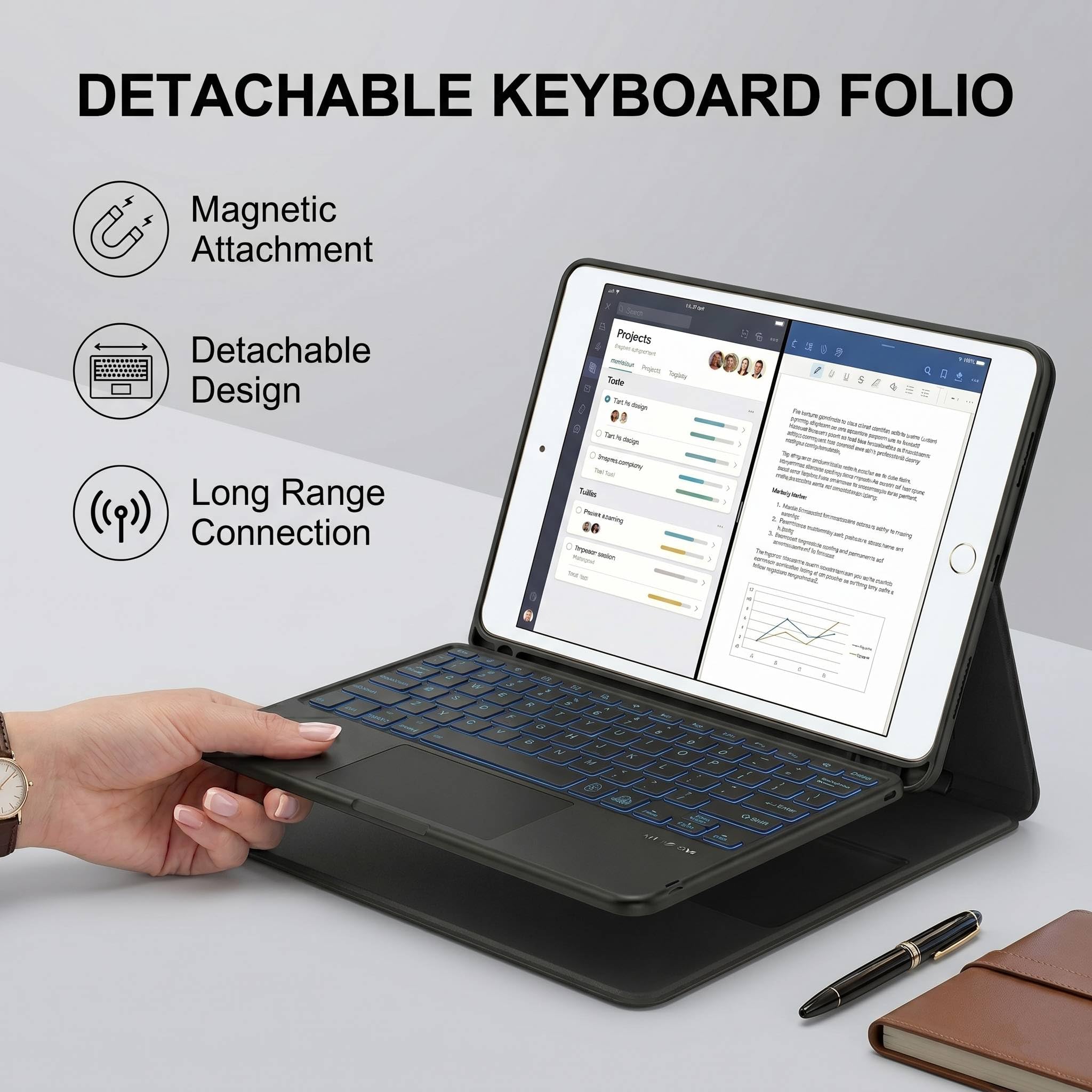Photo 1 of QYiiD Keyboard Case for iPad Pro 12.9 Inch 2017/2015 (1st & 2nd Generation), 7 Color Backlit, Multi-Touch Trackpad, Detachable Wireless with Pencil Holder Stand Folio Keyboard Cover, Black