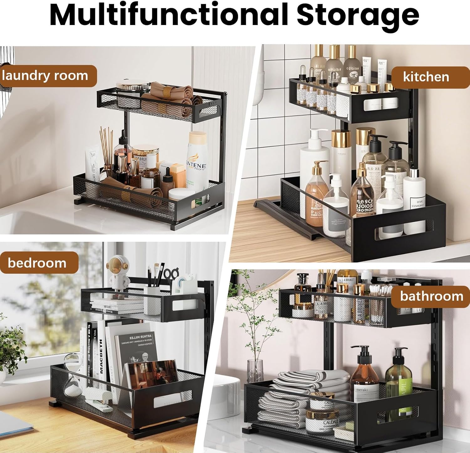 ONEUPIN Under Sink Organizer, Multi-Purpose 2 Tier Pull Out Cabinet Organizer Baskets，Adjustable Height Design Slide Out Storage Shelf for Home Kitchen and Bathroom (1 Pcs Black)