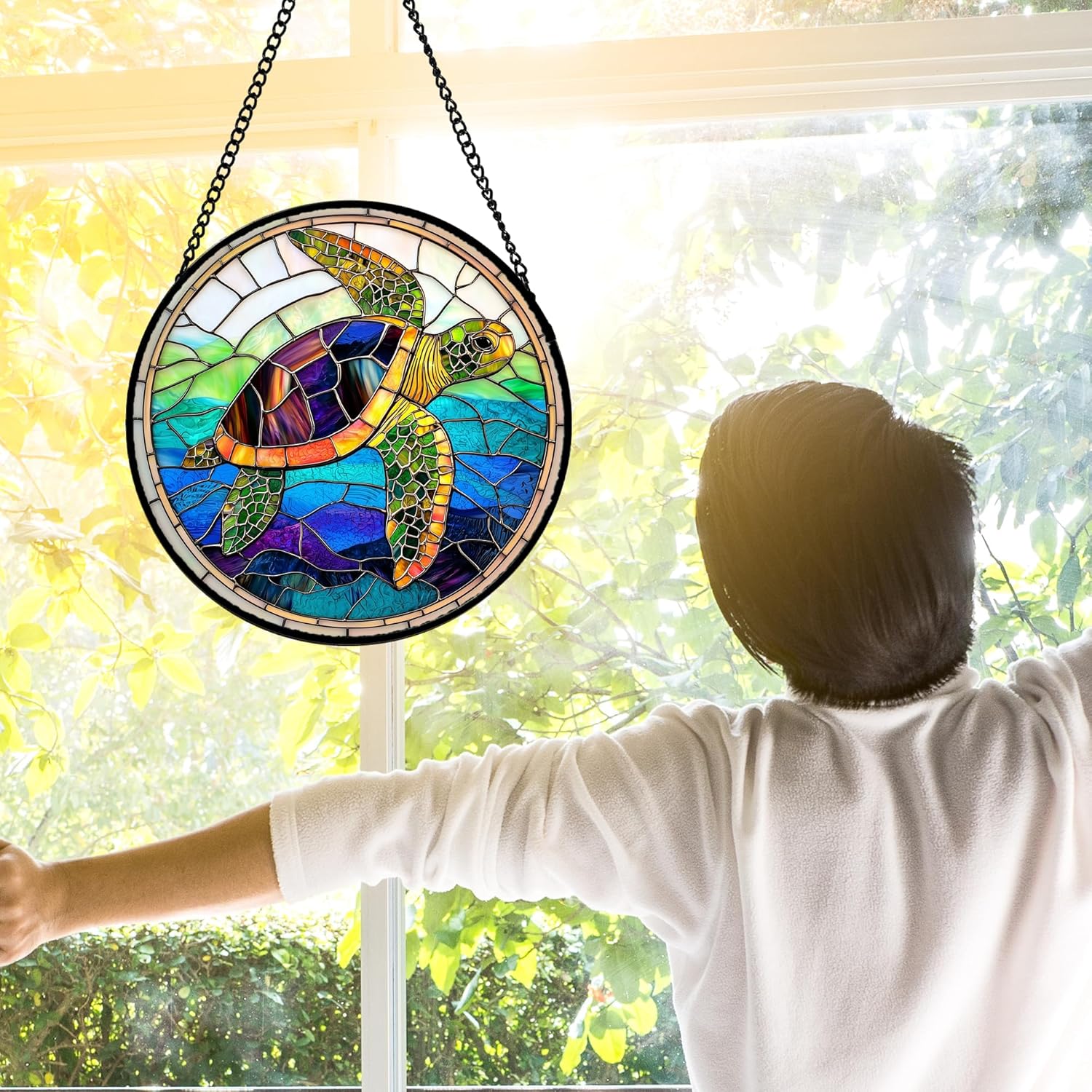 Stained Glass Window Hanging, Colored Turtle Ocean Suncatcher Diamond Glass Panel Hangings Marine Life Sun Catchers Decor for Birthday for Women, Men, Wife, Aunt, Mom 11.8 in - Image 4
