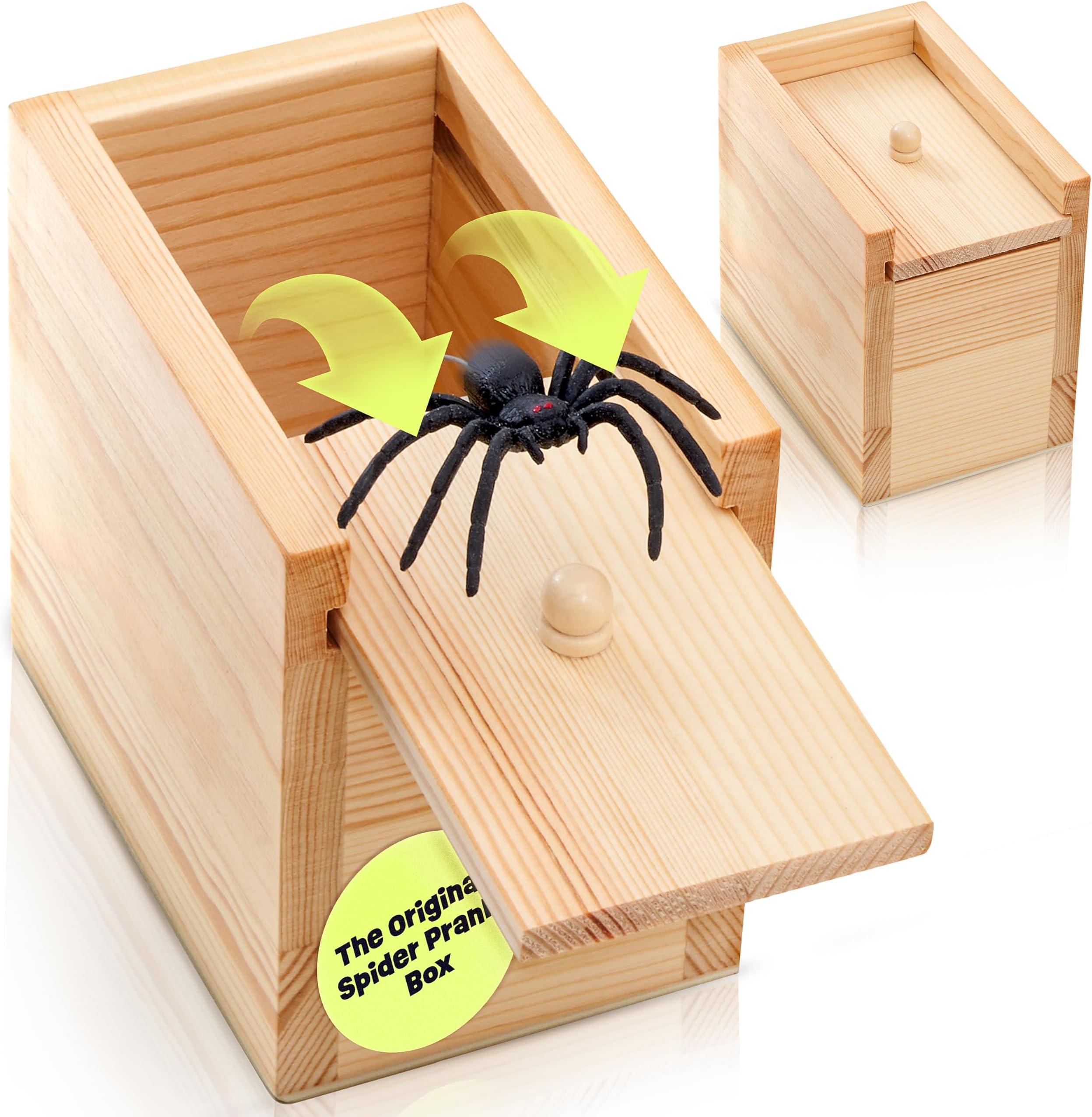 FunFamz Original Spider Prank Box – Wooden Prank Toy & Jump Scare Prank Gift with Hidden Gift Card Compartment, Realistic Jumping Spider Surprise, Funny Gag Toy for Kids, Adults, Parties & Office Fun