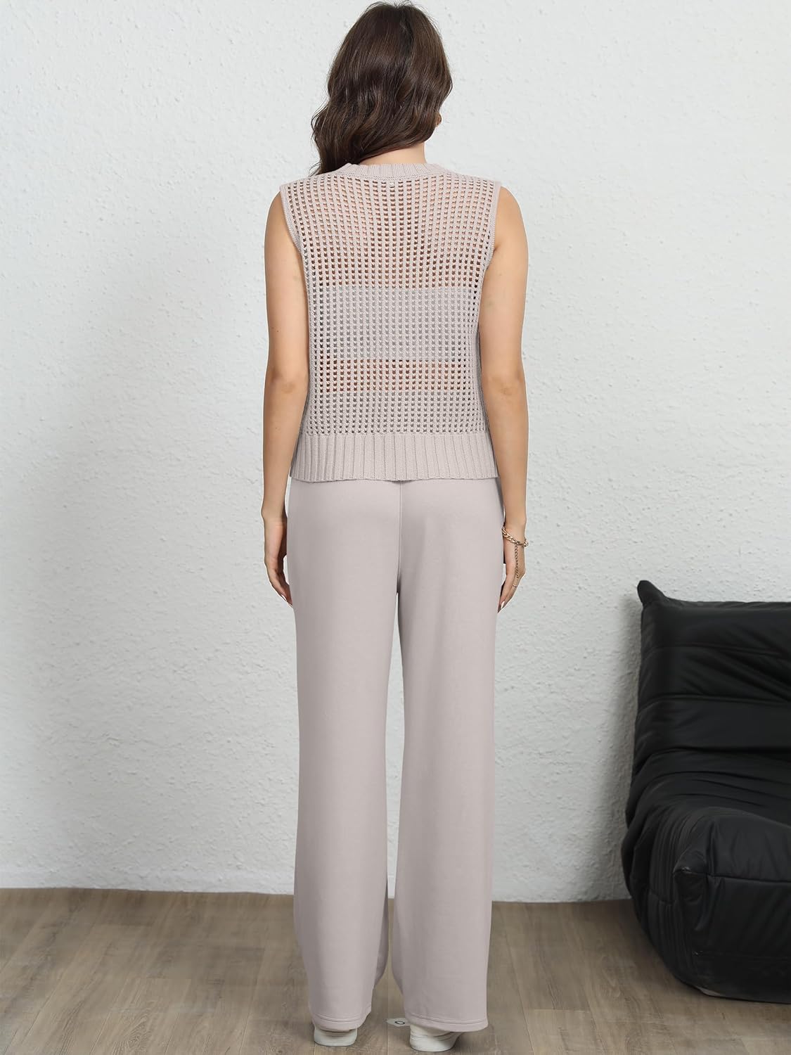 Women Two Piece Outfits Crochet Sheer Knit Sweater Sleeveless Top Wide Leg Pants Lounge Matching Sets Travel Sweatsuit - Image 5