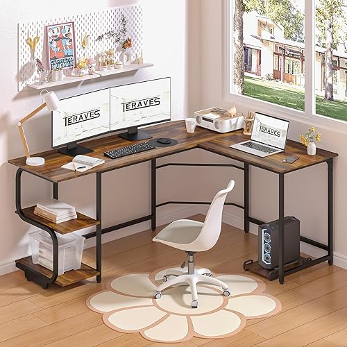 Miniatura 2 de Teraves - Escritorio reversible en forma de L con estantes de esquina redonda para computadora, mesa de juegos, estación de trabajo para el hogar y