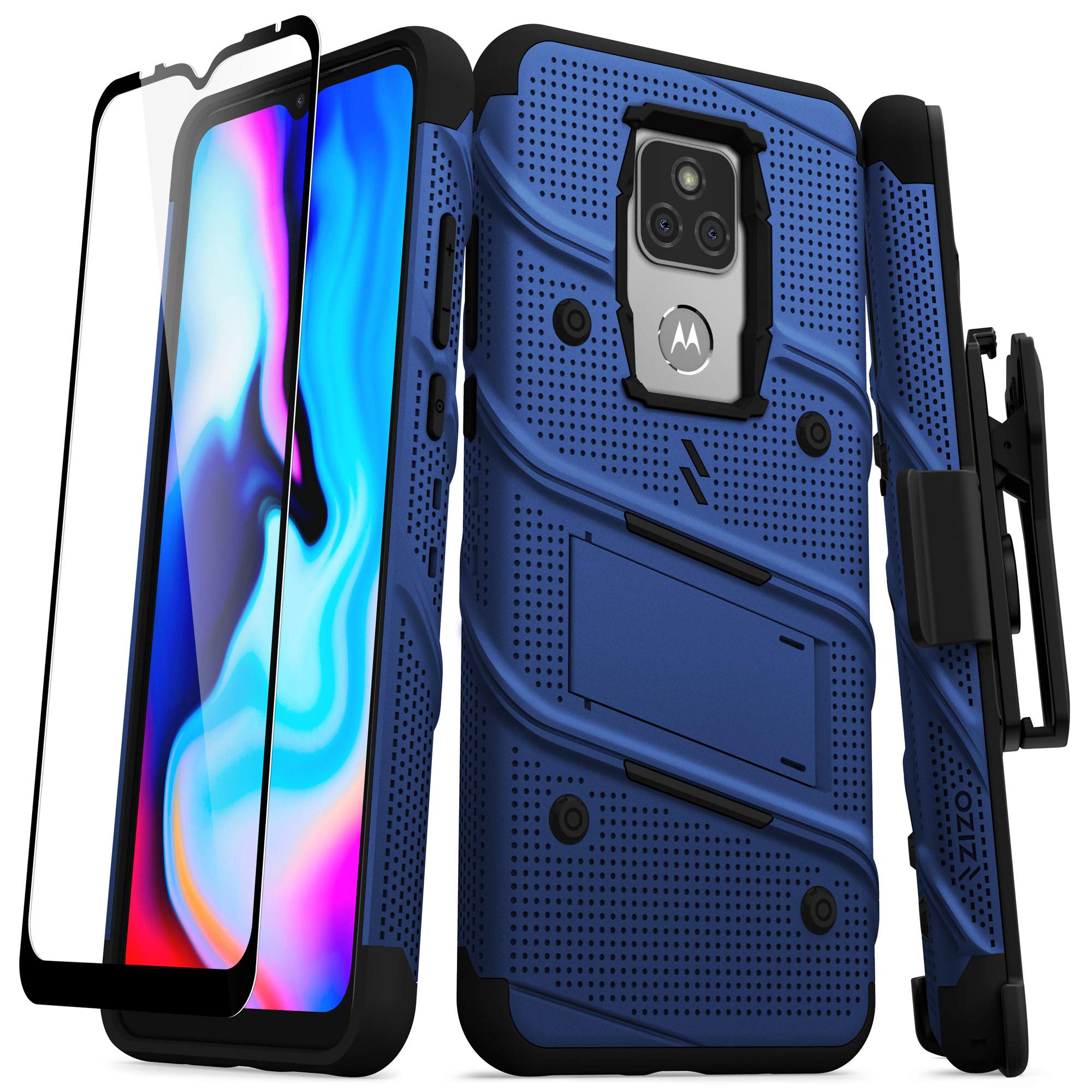 ZIZO Bolt Series for Moto G Play (2021) Case with Screen Protector Kickstand Holster Lanyard - Blue & Black