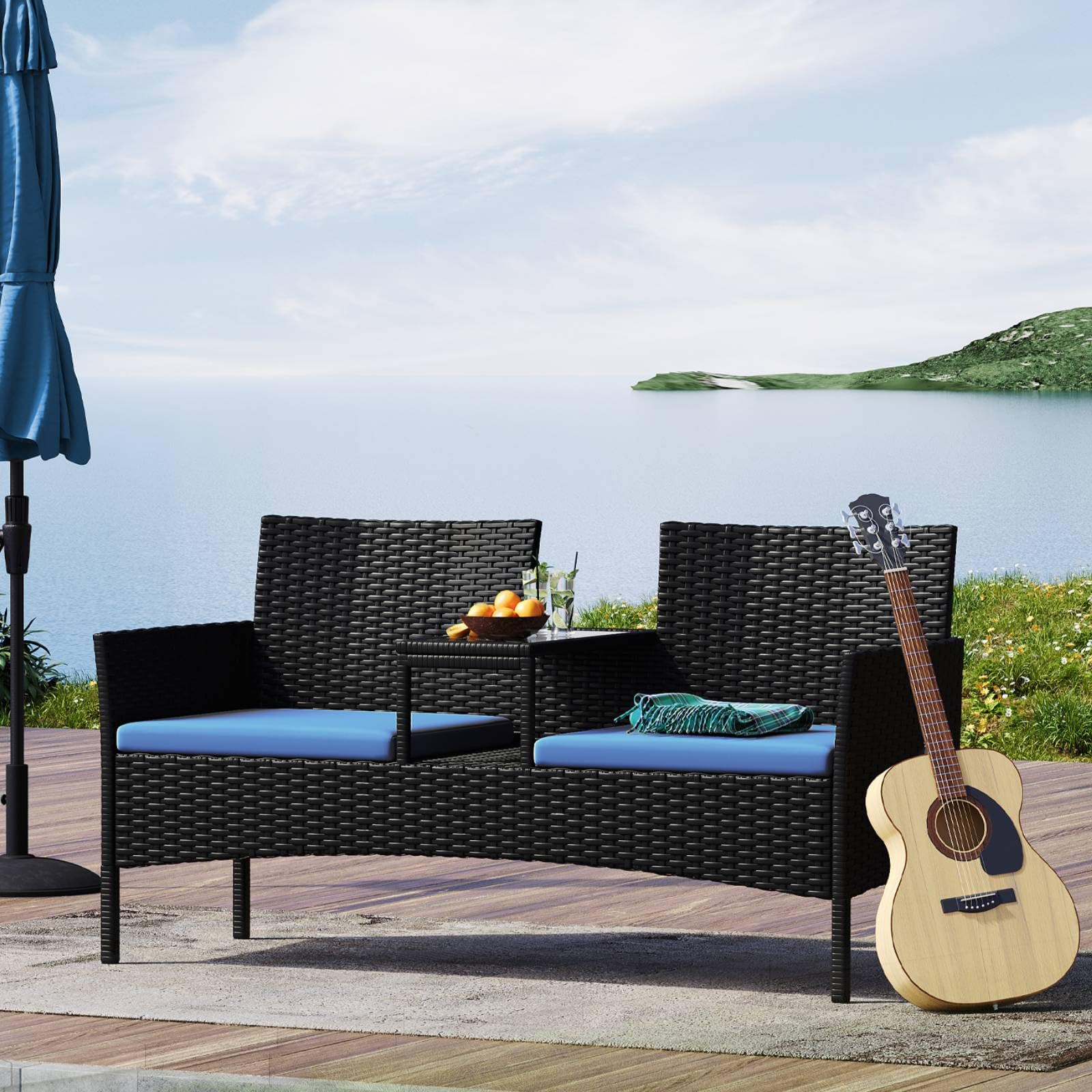 Aoxun 2 Seater Rattan Garden Bench, Wicker Loveseat Partner Companion Seat with Table and Cushions, Weatherproof Patio Furniture Set for Balcony, Lawn, Backyard, Porch, Indoor Outdoor Furniture(Blue) — image 1
