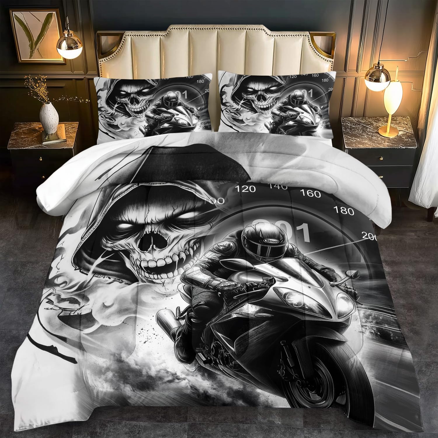 Motorcycle Skull Comforter Set King Size Black Goth Comforter Set for Boy Racing Themed Dirt Bike Bedding Teens Game Room Decor for Adults Extreme Sport Bedding Boys