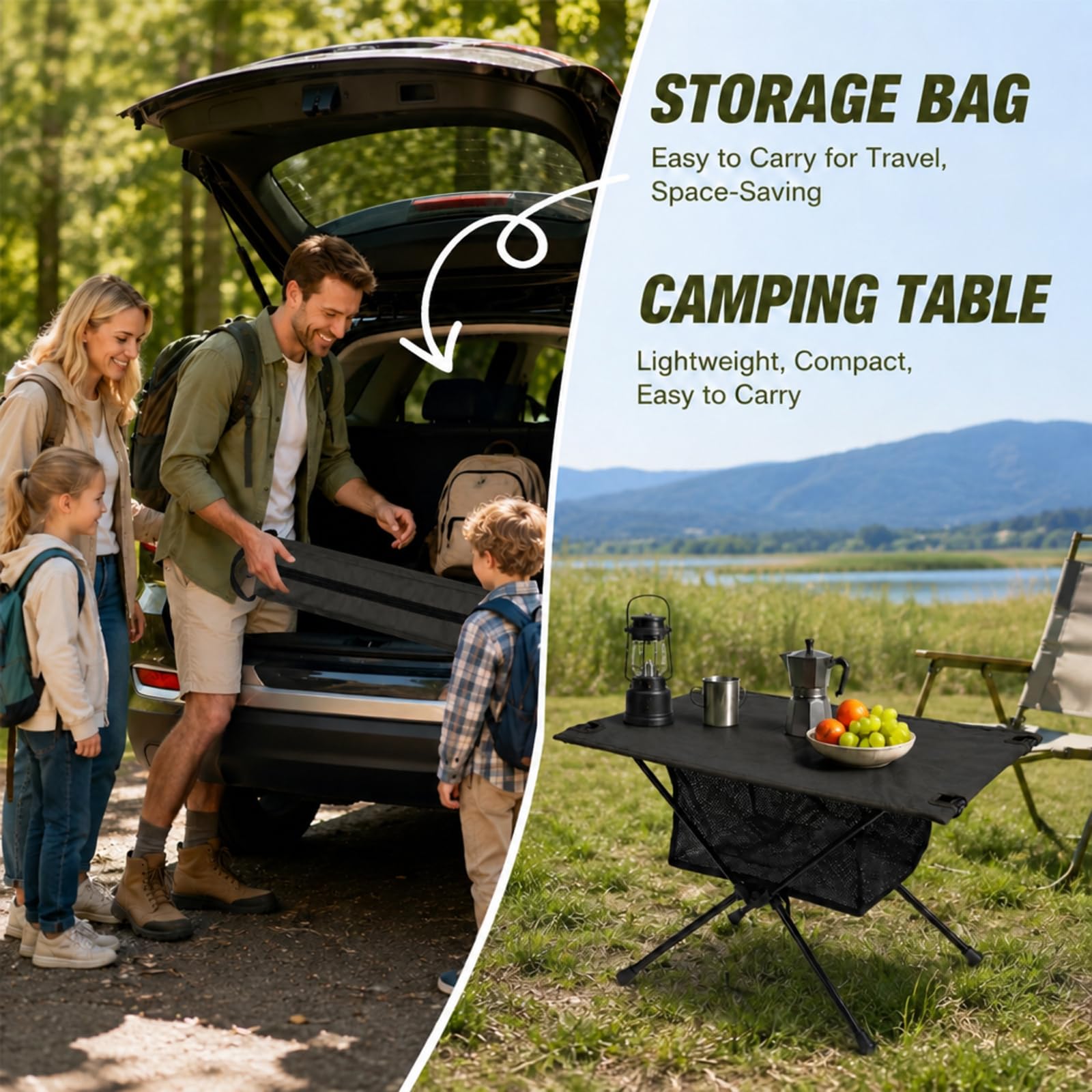 Table de camping pliable ultra légère avec sac de transport et plateau en filet, table d'extérieur réglable en hauteur en aluminium, table de pique-nique pour camping, pêche, randonnée (noir)