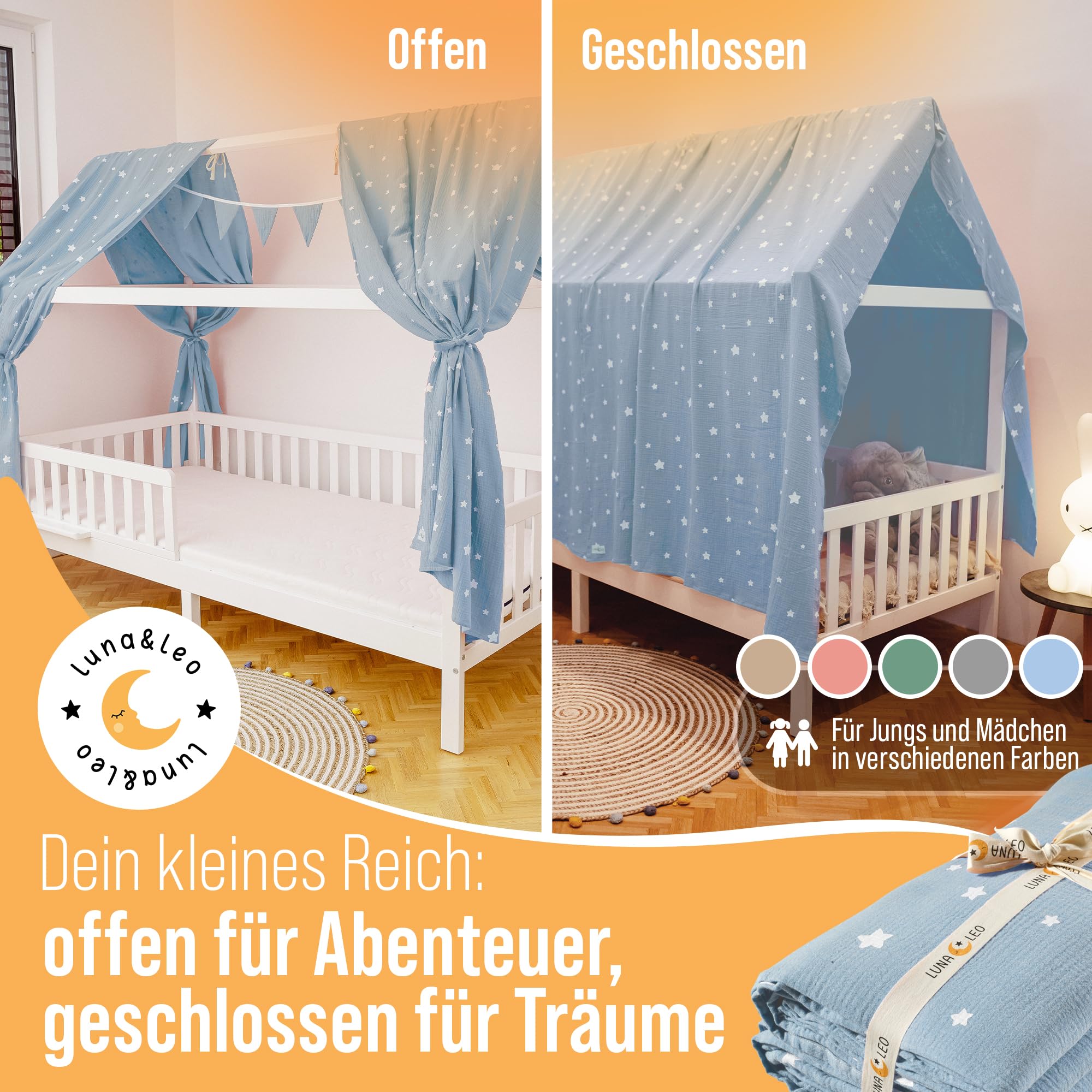 Luna & Leo Hausbett Himmel 3-TLG - mit Sternendruck *TESTSIEGER 2025* [Bio Musselin Baumwolle] Handmade | Himmelbett Vorhänge Betthimmel Deko (Hellblau, 2er Set 320 x 130cm + Wimpelkette)
