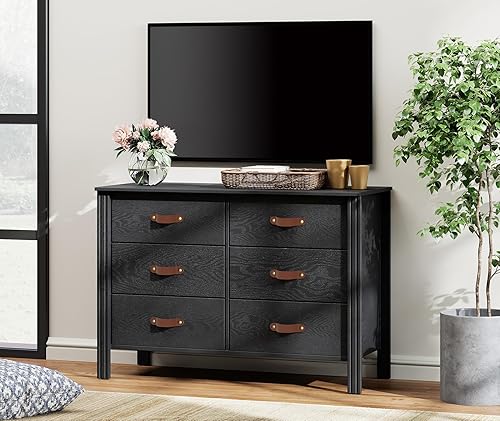 Miniatura 2 de WAMPAT Soporte de TV para 43 pulgadas, centro de entretenimiento de madera con 6 cajones de tela, mesa consola negra para tocador, cómoda para sala