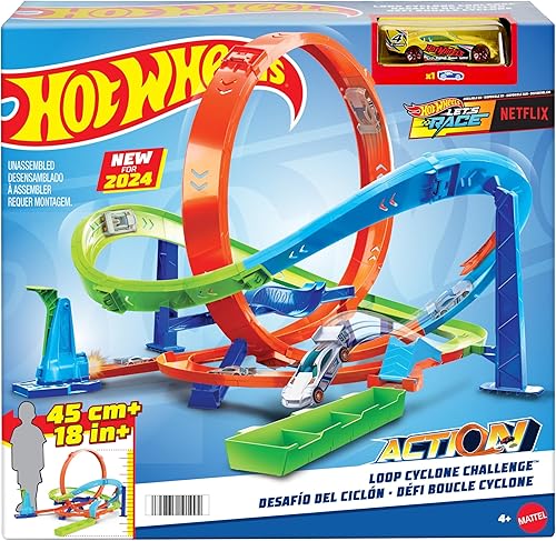 Miniatura 8 de Hot Wheels Juego de pistas de juguete para coche, juego de pista de desafío de ciclón de acción, 2 formas de jugar y fácil almacenamiento, con auto