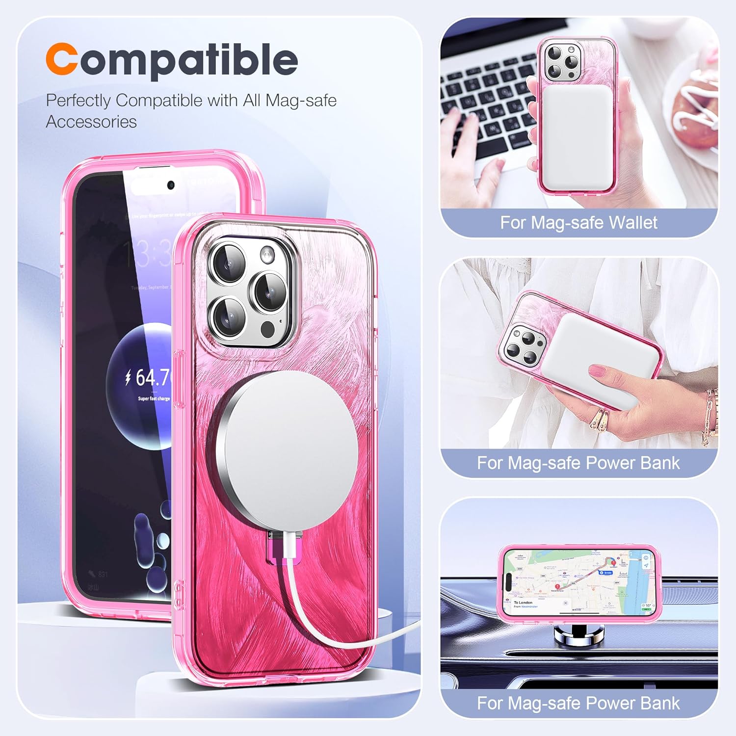 Compatible with iPhone 13 Pro Case with Magnetic Stand Compatible with Mag-Safe, Laser Aesthetics Phone Case with Built-in Screen Protector for iPhone 13 Pro, Rose