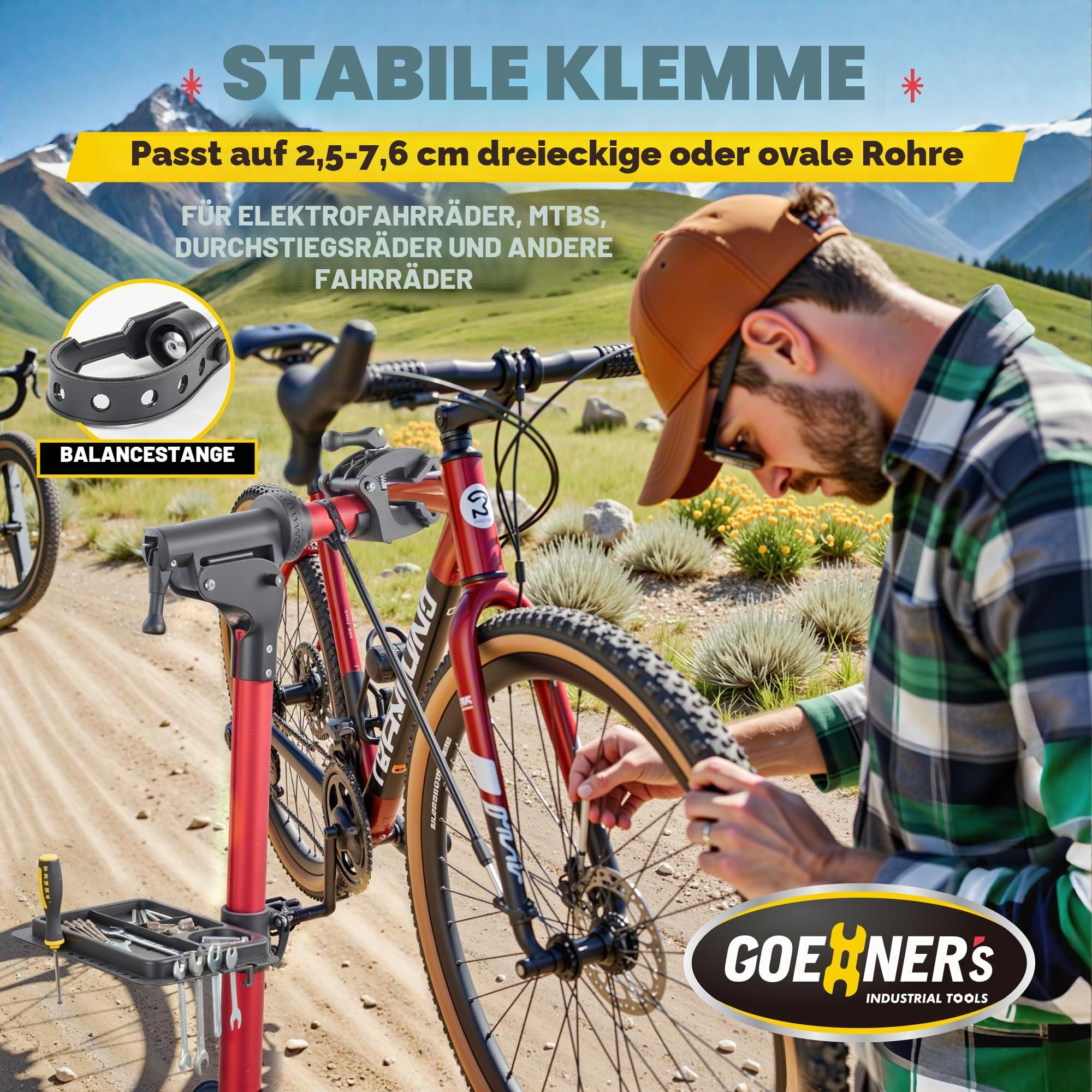 GOEHNER's Upgrade 2.0 Fahrrad-Reparaturständer (max. 50 kg) – tragbarer Aluminium-Fahrradarbeitsständer für Elektro-, Berg- und Rennräder