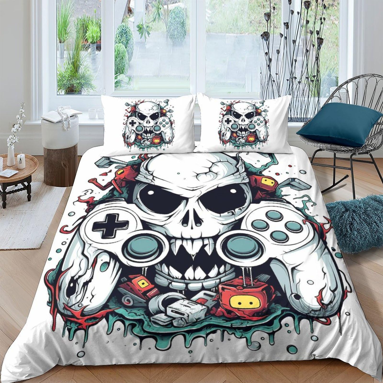 HOTGE Skeleton 3D Printed Duvet Cover with Pillowcases Bedding Set with Zipper Gamepad Soft Microfiber Quilt Cover Set For Adults And Children King（220x240cm）
