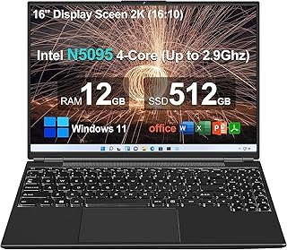 AOCWEI 16" Laptop 12+512GB Win 11 N5095 (Up to 2.9Ghz) 4-Core PC with Cooling Fan 1920 * 1200 2K Screen Dual WiFi Support 2.5" HDD 1TB SSD Expand for Game Work Study-Black