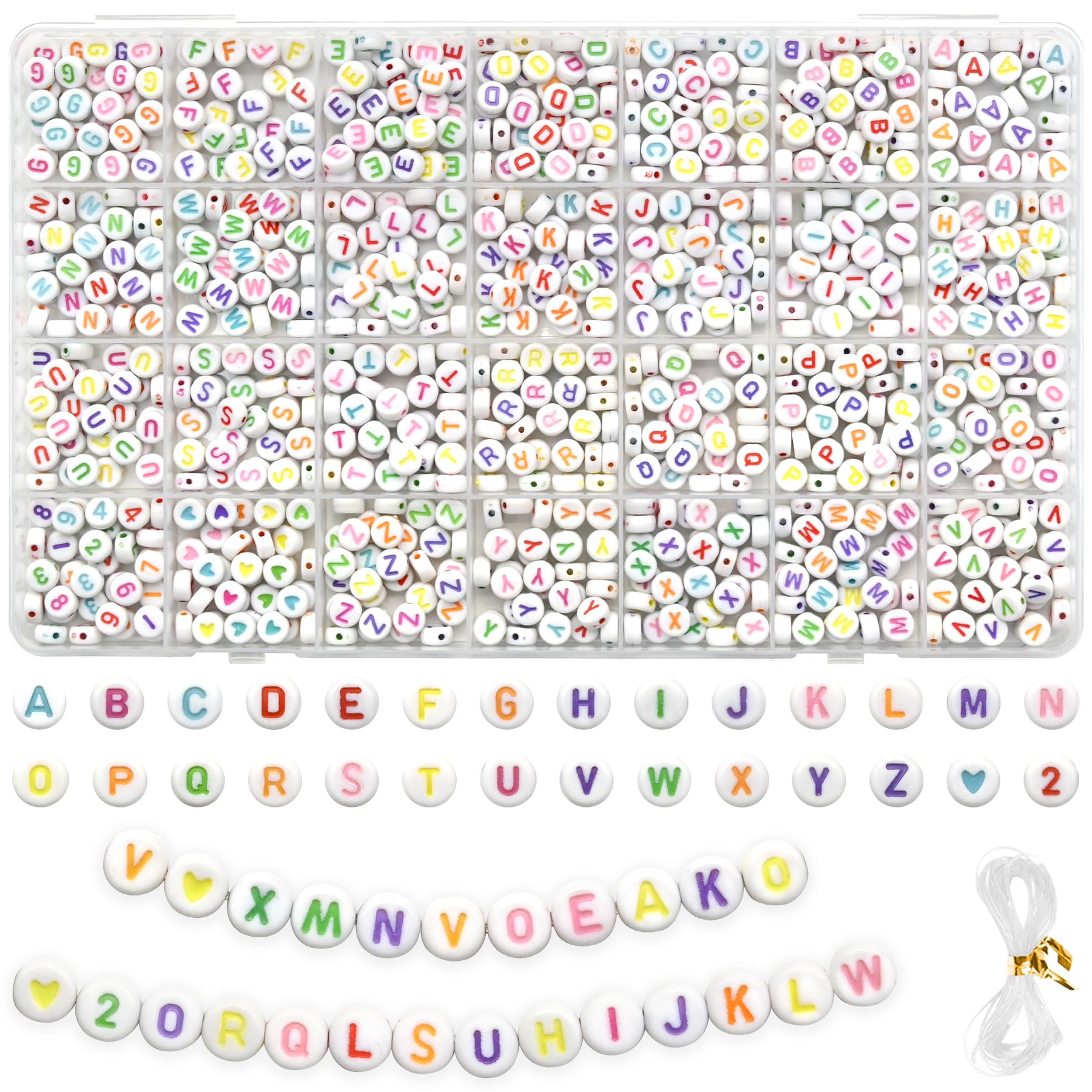 Perline per Braccialetti 1200 pezzi 7x4 mm A-Z Colorate Lettere Cuore Numeri Gioielli Fai da Te