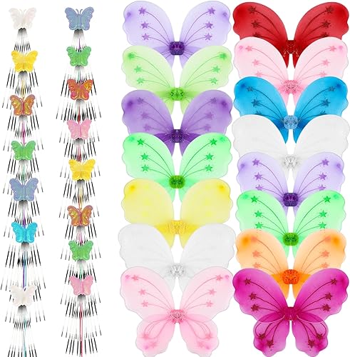 Chivao Juego de 15 alas de princesa, 15 alas de mariposa de hada para niñas, 15 varitas de hada, disfraz de mariposa para niñas, Halloween, juego de