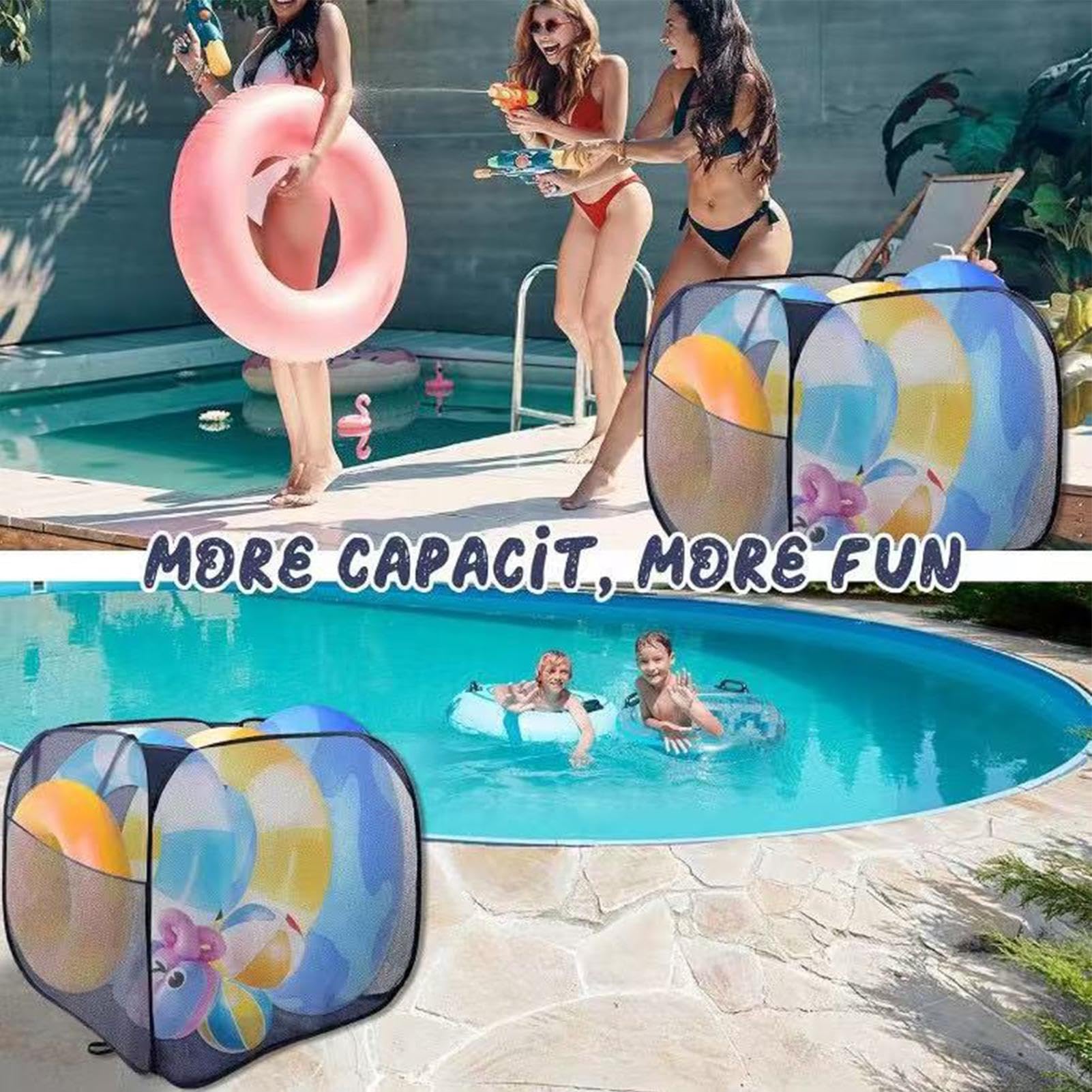 Generico Cesto Giocattoli Piscina,Pieghevole Ampia Capienza Con Manici | Organizer Per Giochi Da Esterno,Per Palloni Spiaggia Asciugamani Salvagente Gonfiabile Giardino Casa Mare Acquatico