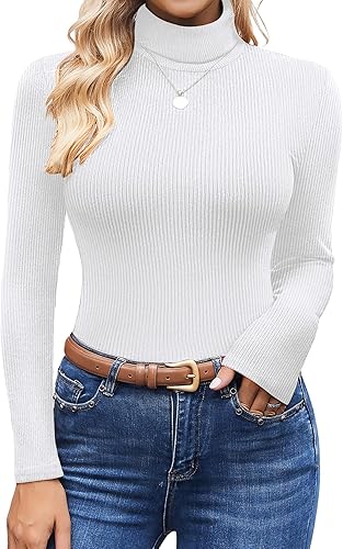 Ekouaer Camisas de cuello alto para mujer, de manga larga, suéter de punto acanalado, camisetas térmicas, ligeras, tallas S-XXL