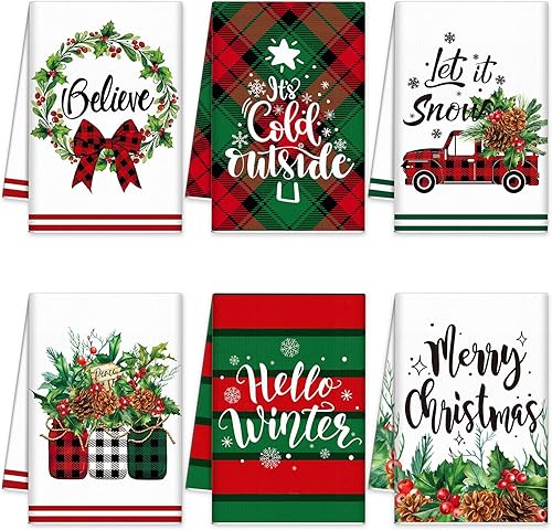 Miniatura 1 de Kajaia 6 toallas de cocina navideñas de 15.8 x 23.6 pulgadas, paños de cocina de Navidad con bayas de acebo de búfalo rojo, toallas de mano para
